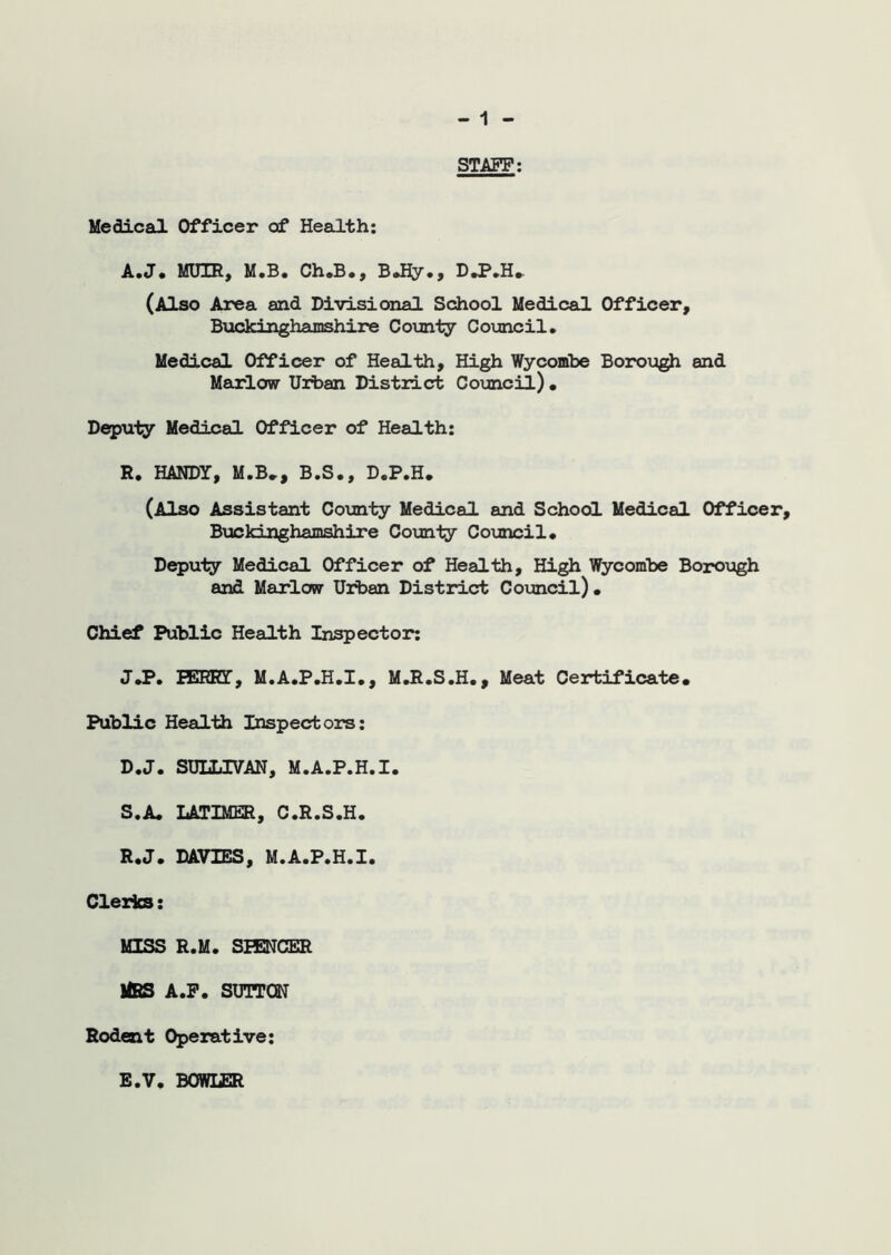 STAFF: Medical Officer of Health: A.J• MlIK, M.B. Ch.B*, B.Hy., D.P.H. (Also Area and Divisional School Medical Officer, Buckinghamshire County Council. Medical Officer of Health, High Wycombe Borough and Marlow Urban District Council) • Deputy Medical Officer of Health: R. HANDY, M.B., B.S., D.P.H. (Also Assistant County Medical and School Medical Officer, Buckinghamshire County Council. Deputy Medical Officer of Health, High Wycombe Borough and Marlow Urban District Council). Chief Public Health Inspector: J.P. H3KHY, M.A.P.H.I., M.R.S.H., Meat Certificate. Public Health Inspectors: D.J. SULLIVAN, M.A.P.H.I. S. A. LATIMER, C.R.S.H. R.J. DAVIES, M.A.P.H.I. Clerks: MISS R.M. SPENCER MBS A.F. SUTTON Rodent Operative: E.V. BOWIER