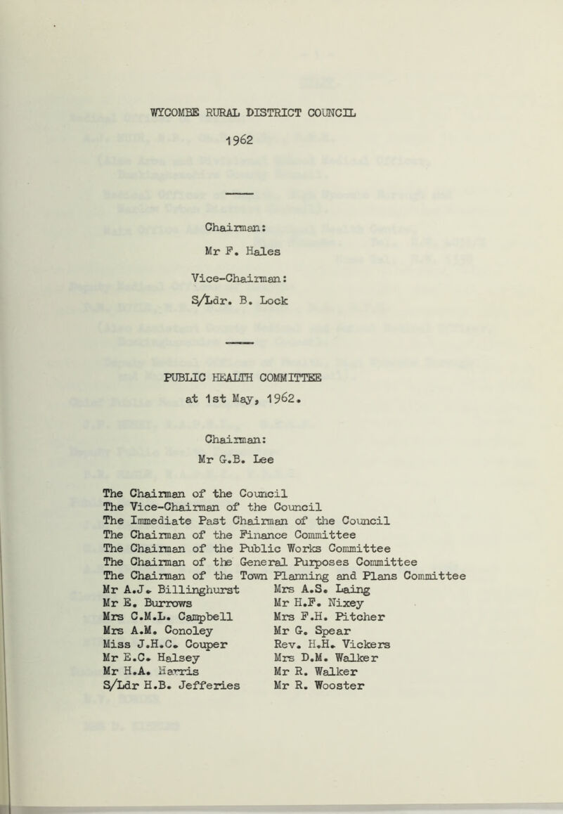 WYCOMBE RURAL DISTRICT COUNCIL 1962 Chairman: Mr F. Hales Vice-Chairman: S/Lar. B. Lock PUBLIC HEALTH COMMITTEE at 1st May, 1962, Chairman: Mr G.B. Lee The Chairman of the Council The Vice-Chairman of the Council The Immediate Past Chairman of the Council The Chairman of the Finance Committee The Chairman of the Public Works Committee The Chairman of the General Purposes Committee The Chairman of the Town Planning and Plans Committee Mr A.J*. Billinghurst Mr E. Burrows Mrs C.M.L. Campbell Mrs A.M. Conoley Miss J.H.C. Couper Mr E.C. Halsey Mr H.A. Harris S/Ldr H.B. Jefferies Mrs A.S. Laing Mr H.F. Nixey Mrs F.H. Pitcher Mr G-. Spear Rev. H.H* Vickers Mrs D.M. Walker Mr R. Walker Mr R. Wooster