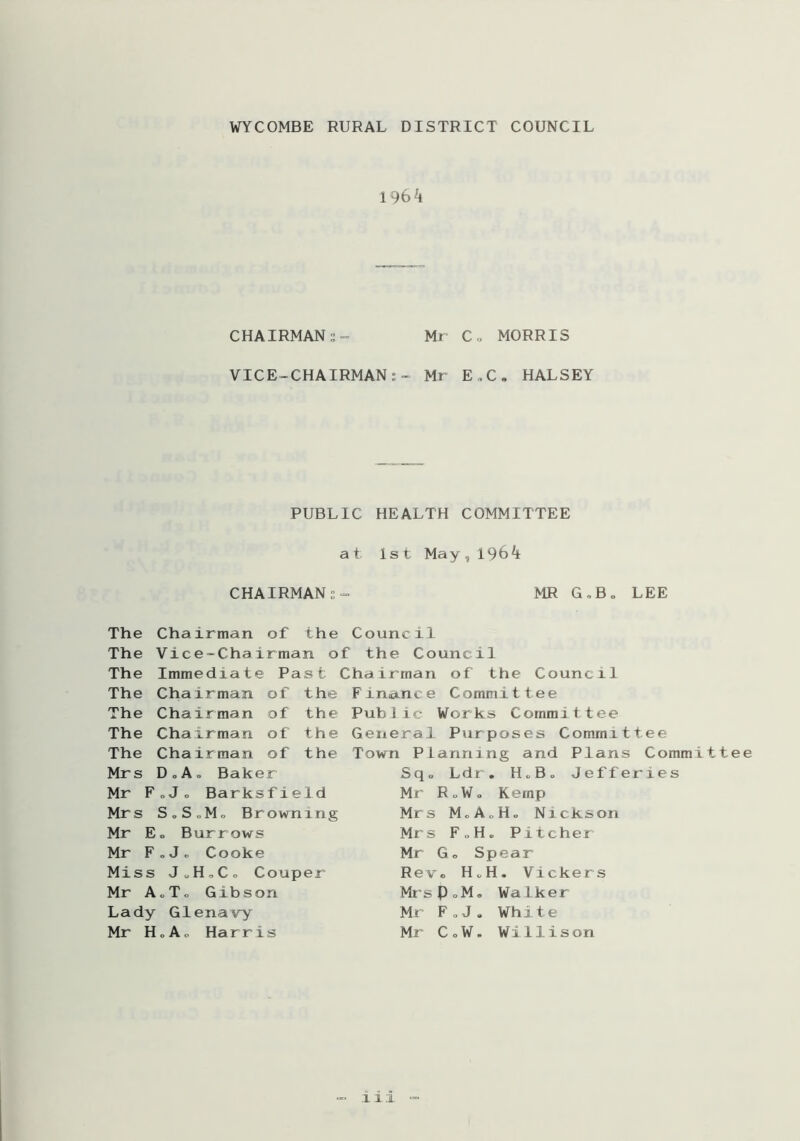 1964 CHAIRMAN s- Mr Co MORRIS VICE-CHAIRMAN:- Mr E C « HALSEY PUBLIC HEALTH COMMITTEE at 1st May,1964 CHAIRMAN: MR G.B„ LEE Chairman of the Council Vice-Chairman of the Council Immediate Past Chairman of the Chairman Chairman Chairman Chairman of of of of the the the the The The The The The The The Mrs D.A. Baker Mr F.Jo Barksfield Mrs S„S„Mo Browning Mr E» Burrows Mr F.Jo Cooke Miss J.H.Co Couper Mr AoT„ Gibson Lady Glenavy Mr H.Ao Harris Counci1 Finance Committee Public Works Committee General Purposes Committee Town Planning and Plans Committee Sq„ Ldr. H„B. Jefferies Mr RoW. Kemp Mrs McA„H„ Nickson Mrs F„H. Pitcher Mr Go Spear Rev, H.H. Vickers MrsPoMo Walker Mr F„J. White Mr CoW. Willison i i 1.