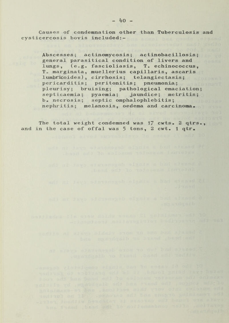 Causes of condemnation other than Tuberculosis and cysticercosis bovis included:— Abscesses; actinomycosis; actinobacillosis; general parasitical condition of livers and lungs, (ecgo fascioliasis, T. echinococcus. To marginata, muellerius capillaris, ascaris lumbricoides), cirrhosis; telangiectasis; pericarditis; peritonitis; pneumonia; pleurisy; bruising; pathological emaciation; septicaemia; pyaemia; jaundice; metritis; ba necrosis; septic omphalophlebitis; nephritis; melanosis, oedema and carcinoma* i The total weight condemned was 17 cwts. 2 qtrs., and in the case of offal was 5 tons, 2 cwt. 1 qtr.