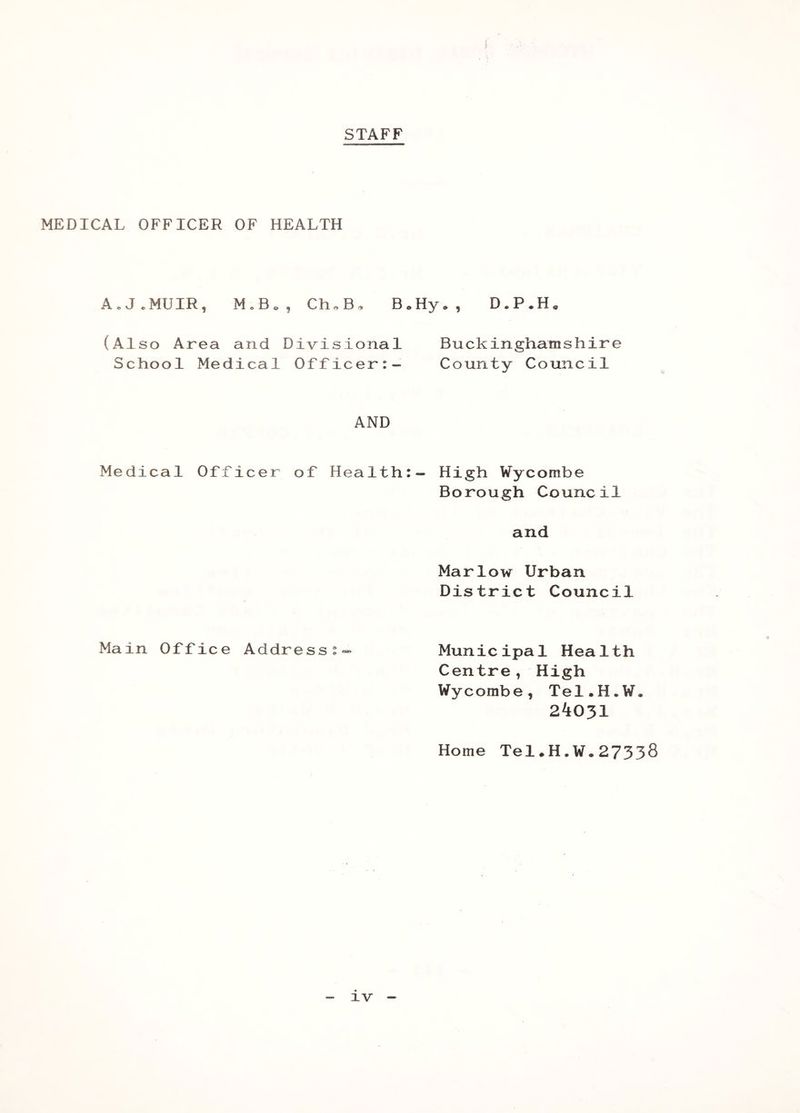 STAFF MEDICAL OFFICER OF HEALTH AoJeMUIR, MoBo, Ch,B, B.Hy*, D.P.H, (Also Area and Divisional Buckinghamshire School Medical Officer:- County Council AND Medical Officer of Health:- High Wycombe Borough Council and Marlow Urban District Council Main Office Address:- Municipal Health Centre, High Wycombe, Tel.H.W. 2^031 Home Tel.H.W.27338