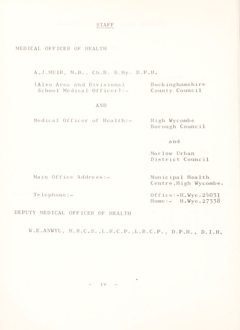 STAFF MEDICAL OFFICER OF HEALTH A . J oMUIR , M.Bo, Ch«B., B 0 Hy e D o P o H o (Also Area and Divisional School Medical Officer)s- Buckinghamshire County Council AND Medical Officer of HealthHigh Wycombe Borough Council a nd Mar 10 vv Ur b an District Council Main Off ice Address 2 = Municipal Hea1th Centre^High Wycombe. Telephone 2« Off ice *-H.WyCo 21031 Homes- H,Wye.27338 DEPUTY MEDICAL OFFICER OF HEALTH W.E.ANWYL, M.R.C.S, , L , R „ C . P . ,L.R0C.P. , D.P.H., D.I0H0