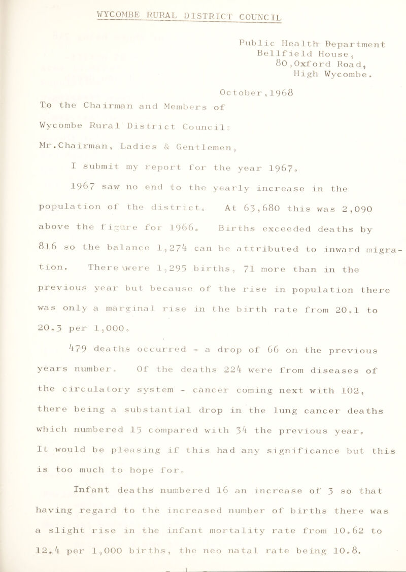 Public Health department Bellfield House, 80,Oxford Road, High Wycombe„ October,1968 To the Chairman and Members of Wycombe Rural District Councils Mr.Chairman, Ladies & Gentlemen, I submit my report for the year 1967, 196/ saw no end to the yearly increase in the population of the districts At 63,680 this was 2,090 above the figure for 19660 Births exceeded deaths by 816 so the balance 1,274 can be attributed to inward migra ti°n« Thereywere 1,293 births, 71 more than in the previous year but because of the rise in population there was only a marginal rise in the birth rate from 20*1 to 20,3 per 1?000 9 ^79 deaths occurred - a drop of 66 on the previous years number. Of the deaths 224 were from diseases of the circulatory system - cancer coming next with 102, there being a substantial drop in the lung cancer deaths which numbered 13 compared with 34 the previous year« It would be pleasing if this had any significance but this is too much to hope for, Infant deaths numbered 16 an increase of 3 so that having regard to the increased number of births there was a slight rise in the infant mortality rate from 10*62 to 12*4 per 1,000 births, the neo natal rate being 10o8.