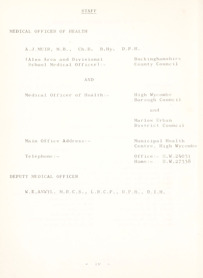 STAFF MEDICAL OFFICER OF HEALTH A,J.MUIR, M„Bc, Ch„B. B,Hy. DcP oHo (Also Area and Divisional School Medical Officer)? Buck inghamsh i re County Council AND Medical Officer of Hea11 h ? = High W y c o mb e Borough Council and Marlow Urban D 1 s t r i c t C o 11 n c 11 Main Office A d dr e s s s = Municipal Health Cent reg High Wycomb Te1ephone ?- Offices-’ Ho Wo 240 31 Home s ^ HoW.27338 DEPUTY MEDICAL OFFICER W o E.ANWYL, M,RcC«S., LoR.C.Po D .P .H ° 1 D.I,Ho