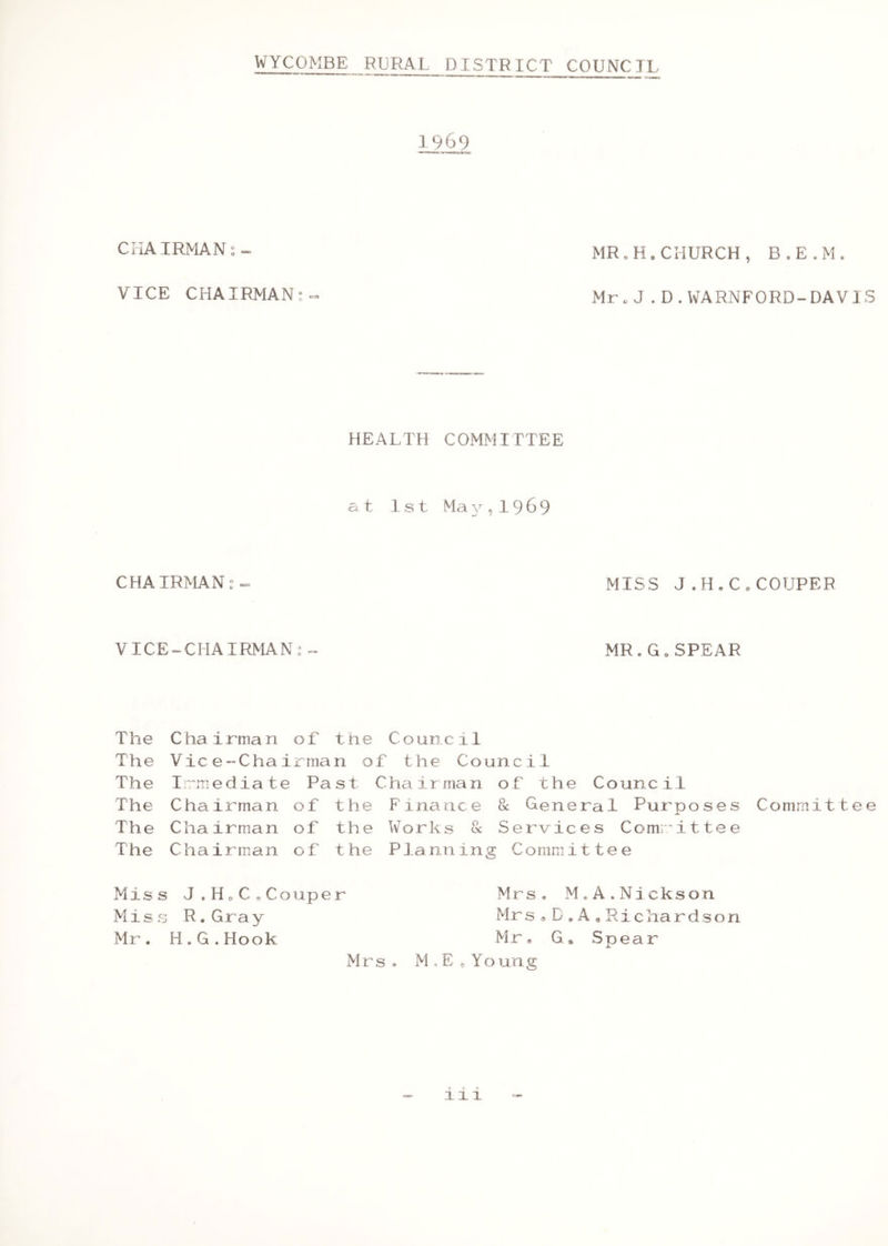 1969 CHAIRMAN:- MR.H.CHURCH, B.E.M. VICE CHAIRMAN:- Mr„J.D.WARNFORD-DAVIS HEALTH COMMITTEE at 1st Ma y,1969 CHAIRMANMISS J.H.C.COUPER VICE-CHAIRMAN:- MR.G.SPEAR The Chairman of the Council The Vice-Chairman of the Council The Immediate Past Chairman of the Council The Chairman of the Finance & General Purposes Committee The Chairman of the Works & Services Committee The Chairman of the Planning Committee Miss J.HoCcCouper Mrs. M,A.Nickson Miss R.Gray Mrs » D,A»Richardson Mr. H.G.Hook Mr. G, Spear Mrs. M.EoYoung