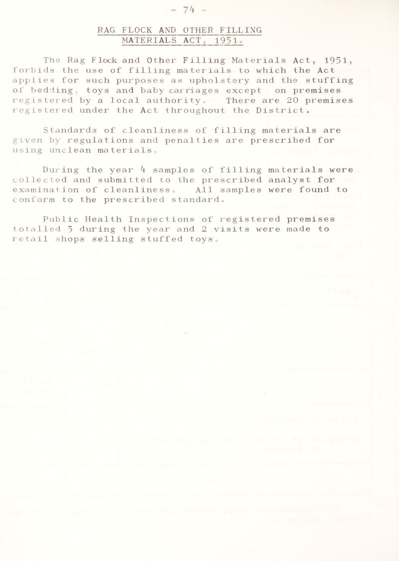 RAG FLOCK AND OTHER FILLING MATERIALS ACT 9 195L Lie Rag Flock and Other Filling Materials Act, 19519 forbids the use of filling materials to which the Act applies for such purposes as upholstery and the stuffing of bedding, toys and baby carriages except on premises registered by a local authority0 There are 20 premises registered under the Act throughout the District, Standards of cleanliness of filling materials are given by regulations and penalties are prescribed for using unclean materials, During the year 4 samples of filling collected and submitted to the prescribed examination of cleanliness0 All samples conform to the prescribed standard. Public Health Inspections of registered premises totalled 3 during the year and 2 visits were made to retail shops selling stuffed toys0 materials were analyst for were found to