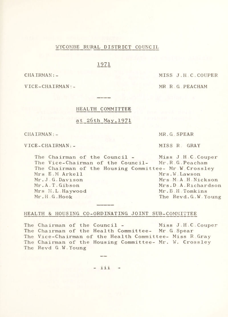1971 CHAIRMAN:- VICE-CHAIRMAN'- MISS J.H C.COUPER MR R G PEACHAM HEALTH COMMITTEE at 26th May,1971 CHAIRMAN;- MR.G SPEAR VICE-CHAIRMAN. - MISS R GRAY The Chairman of the The Vice-Chairman of The Chairman of the Mrs E.M Arkell Mr.J.G.Davison Mr.A.T.Gibson Mrs M.L Haywood Mr.H G.Hook Council - Miss J H C.Couper the Council- Mr,R G.Peacham Housing Committee- Mr W.Crossley Mrs.W,Lawson Mrs M;A H Nickson Mrs.D A.Richardson Mr.B,H Tomkins The Revd.G.W.Young HEALTH & HOUSING CO-ORDINATING JOINT SUB-COMMITTEE The Chairman of the Council - Miss J.H,C,Couper The Chairman of the Health Committee- Mr G Spear The Vice-Chairman of the Health Committee- Miss R Gray The Chairman of the Housing Committee- Mr. W. Crossley The Revd G W.Young