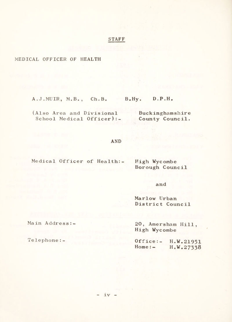 STAFF MEDICAL OFFICER OF HEALTH A.J.MUIR, M.B., Ch.B« B.Hy. D.P.H. (Also Area and Divisional Buckinghamshire School Medical Officer):- County Council. AND Medical Officer of Health:- High Wycombe Borough Council and Marlow Urban District Council Main Address:- 20, Amersham Hill, High Wycombe Telephone:- Office:- H.W.21951 Home:- H.W.27338
