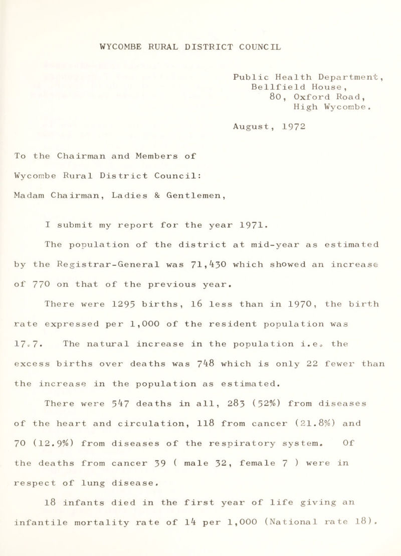 Public Health D epartment, Bellfield House, 80, Oxford Road, High Wycombe. August, 1972 To the Chairman and Members of Wycombe Rural District Council: Madam Chairman, Ladies & Gentlemen, I submit my report for the year 1971* The population of the district at mid-year as estimated by the Registrar-General was 71*^30 which showed an increase of 770 on that of the previous year* There were 1293 births, l6 less than in 1970, the birth rate expressed per 1,000 of the resident population was 17c7* The natural increase in the population i.e0 the excess births over deaths was 7^8 which is only 22 fewer than the increase in the population as estimated. There were 3^7 deaths in all, 283 (32%) from diseases of the heart and circulation, ll8 from cancer (21*8%) and 70 (12*9%) from diseases of the respiratory system* Of the deaths from cancer 39 ( male 32, female 7 ) were in respect of lung disease, l8 infants died in the first year of life giving an infantile mortality rate of lk per 1,000 (National rate l8).