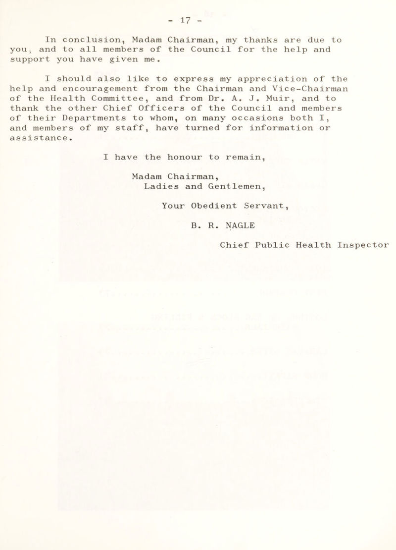 In conclusion, Madam Chairman, my thanks are due to you, and to all members of the Council for the help and support you have given me. I should also like to express my appreciation of the help and encouragement from the Chairman and Vice-Chairman of the Health Committee, and from Dr. A. J. Muir, and to thank the other Chief Officers of the Council and members of their Departments to whom, on many occasions both I, and members of my staff, have turned for information or assistance. I have the honour to remain, Madam Chairman, Ladies and Gentlemen, Your Obedient Servant, B. R. NAGLE Chief Public Health Inspector