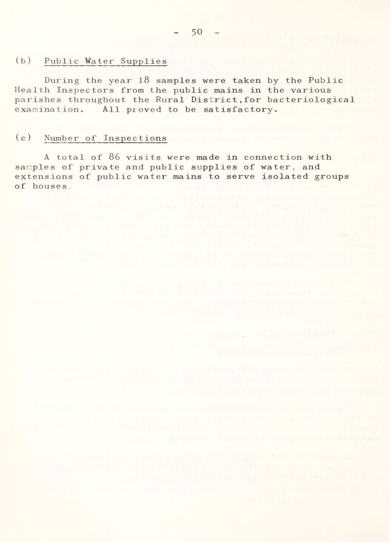 ( b ) Pub 1 i_c_ Water Supplie s During the year l8 samples were taken by Health Inspectors from the public mains in the parishes throughout the Rural District,for bac examination. All proved to be satisfactory. the Public various teriological (c) Number of Inspections A total of 86 visits were made samples of private and public suppl extensions of public water mains to of houses. in connection with ies of water, and serve isolated groups