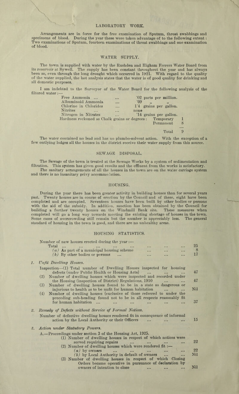 LABORATORY WORK. \ Arrangements are in force for the free examination of Sputum, throat swabbings and specimens of blood. During the year these were taken advantage of to the following extent : Two examinations of Sputum, fourteen examinations of throat swabbings and one examination of blood. WATER SUPPLY. The town is supplied with water by the Rushden and Higham Ferrers Water Board from its reservoir at Sywell. The supply has been constant throughout the year and has always been so, even through the long drought which occurred in 1921. With regard to the quality of the water supplied, the last analysis states that the water is of good quality for drinking and all domestic purposes. I am indebted to the Surveyor of the Water Board for the following analysis of the filtered water :— Free Ammonia ... ... '02 parts per million. Albuminoid Ammonia ... '09 ,, „ Chlorine in Chlorides ... 1'4 grains per gallon. Nitrites ... ... none Nitrogen in Nitrates ... '14 grains per gallon. Hardness reckoned as Chalk grains or degrees : Temporary 1 Permanent 8 Total 9 The water contained no lead and has no plumbo-solvent action. With the exception of a few outlying lodges all the houses in the district receive their water supply from this source. SEWAGE DISPOSAL. The Sewage of the town is treated at the Sewage Works by a system of sedimentation and filtration. This system has given good results and the effluent from the works is satisfactory. The sanitary arrangements of all the houses in the town are on the water carriage system and there is no insanitary privy accommodation. HOUSING. During the year there has been greater activity in building houses than for several years past. Twenty houses are in course of erection by the Council and of these, eight have been completed and are occupied. Seventeen houses have been built by other bodies or persons with the aid of the subsidy. In addition, sanction has been obtained by the Council for building a further twenty houses on the Windmill Bank site. These measures when completed will go a long way towards meeting the existing shortage of houses in the town. Some cases of overcrowding still remain but the number is appreciably less. The general standard of housing in the town is good, and there are no unhealthy areas. HOUSING STATISTICS. Number of new houses erected during the year :— Total ... ... ... ... ... ... ... ... 25 (a) As part of a municipal housing scheme ... ... ... 8 (b) By other bodies or persons ... ... ... ... 17 1. Unfit Dwelling Houses. Inspection—(1) Total number of Dwelling Houses inspected for housing defects (under Public Health or Housing Acts) ... ... ... 47 (2) Number of dwelling houses which were inspected and recorded under the Housing (inspection of District) Regulations. 1910 ... ... 47 (3) Number of dwelling houses found to be in a state so dangerous or injurious to health as to be unfit for human habitation ... ... Nil (4) Number of dwelling houses (exclusive of those referred to under the preceding sub-heading found not to be in all respects reasonably fit for human habitation ... ... ... ... ... ... 37 2. Remedy of Defects without Service of Formal Notices. Number of defective dwelling houses rendered fit in consequence of informal action by the Local Authority or their Officers ... ... ... 15 3. Action under Statutory Powers. A.—Proceedings under section 3 of the Housing Act, 1925. (1) Number of dwelling houses in respect of which notices were served requiring repairs ... ... ... ... 22 (2) Number of dwelling houses which were rendered fit :— (a) by owners ... ... ... ... ... 22 (b) by Local Authority in default of owners ... ... Nil (3) Number of dwelling houses in respect of which Closing Orders became operative in pursuance of declaration by owners of intention to close ... ... ... Nil