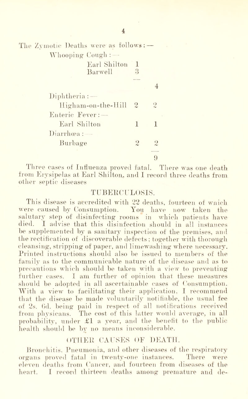 The Zymotic Deaths were as follows: — Whooping Cough : • Earl Shilton 1 Ear well 3 4 Diphtheria: - Ifigham-on-the-IIill 2 2 Enteric Fever: — Earl Shilton 1 1 Diarrhoea : Burbage 2 2 9 Three cases of Influenza proved fatal. There was one death from Erysipelas at Earl Shilton., and 1 record three deaths from other septic diseases TUBE1UTLOSIS. This disease is accredited with 22 deaths, fourteen of wnich were caused by Consumption. You have now taken the salutary step of disinfecting rooms in which patients have died. I advise that this disinfection should in all instances be supplemented by a sanitary inspection of the premises, and the rectification of discoverable defects; together with thorough cleansing, stripping of paper, and limewashing where necessary. Printed instructions should also lie issued to members of the family as to the communicable nature of the disease and as to precautions which should be taken with a view to preventing further cases. I am further of opinion that these measures should be adopted in all ascertainable cases of Consumption. With a view to facilitating their application, I recommend that the disease be made voluntarily notifiable, the usual fee of 2s. (id. being paid in respect of all notifications received from physieans. The cost of this latter would average, in all probability, under £1 a year, and the benefit to the public health should be by no means inconsiderable. DTILEP ('APSES OF DEATH. Bronchitis, Pneumonia, and other diseases of the respiratory organs proved fatal in twenty-one instances. There were eleven deaths from Cancel1, and fourteen from diseases of the heart. I record thirteen deaths among premature and de-