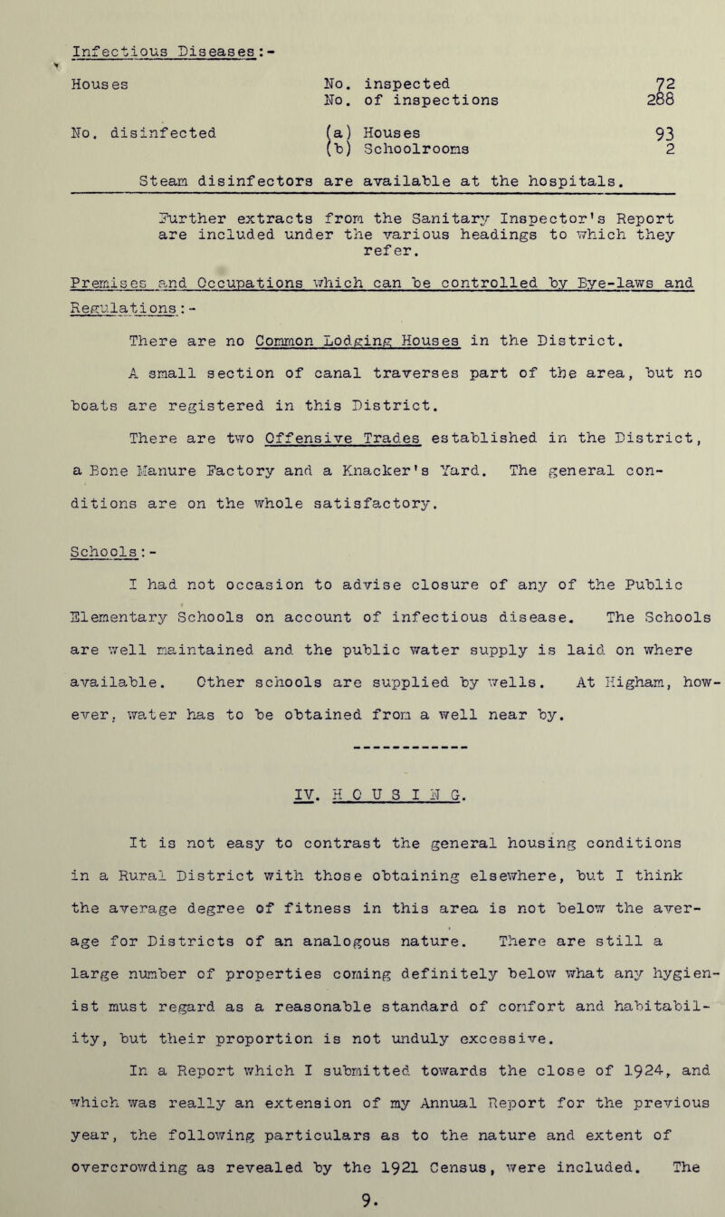 Infectious Diseases:- Houses No. inspected 72 No. of inspections 288 No. disinfected fa) Houses 93 (Id) Schoolrooms 2 Steam disinfectors are available at the hospitals. further extracts from the Sanitary Inspector’s Report are included under the various headings to which they refer. Premises a,nd Occupations which can be controlled by Eye-laws and Regulations:- There are no Common Lodging Houses in the District. A small section of canal traverses part of the area, but no boats are registered in this District. There are two Offensive Trades established in the District, a Bone Manure Factory and a Knacker's Yard. The general con- ditions are on the whole satisfactory. Schools:- I had not occasion to advise closure of any of the Public Elementary Schools on account of infectious disease. The Schools are well maintained and the public water supply is laid on where available. Other schools are supplied by wells. At Kigham, how ever, water has to be obtained from a well near by. IV. HOUSING. It is not easy to contrast the general housing conditions in a Rural District with those obtaining elsewhere, but I think the average degree of fitness in this area is not below the aver- age for Districts of an analogous nature. There are still a large number of properties coming definitely below what any hygien ist must regard as a reasonable standard of comfort and habitabil- ity, but their proportion is not unduly excessive. In a Report which I submitted towards the close of 1924, and which was really an extension of my Annual Report for the previous year, the following particulars as to the nature and extent of overcrowding as revealed by the 1921 Census, were included. The 9.