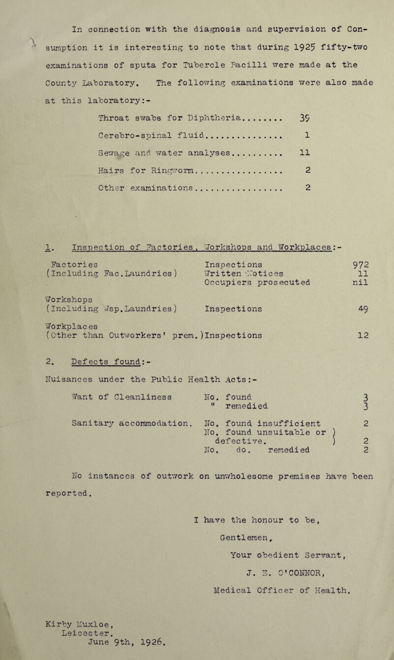 In connection with the diagnosis and supervision of Con- sumption it is interesting to note that during 1925 fifty-two examinations of sputa for Tubercle Bacilli were made at the County Laboratory. The following examinations were also made at this laboratory:- Throat swabs for Diphtheria 39 Cerebro-spinal fluid 1 Sewage and water analyses 11 Hairs for Ringworm 2 Other examinations 2 1. Inspection of factories, Workshops and Workplaces:- factories Inspections 972 (including Fac.Laundries) Written'-Notices 11 Occupiers prosecuted nil Workshops (including Wap.Laundries) Inspections 49 Workplac es (Other than Outworkers' prem.inspections 12 2. Defects found:- nuisances under the Public Health Acts:- Want of Cleanliness No. found 3  remedied 3 Sanitary accommodation. No. found insufficient No. found unsuitable or ) 2 defective. ) 2 No. do. remedied 2 No instances of outwork on unwholesome premises have beer- reported . I have the honour to be, Gentlemen r Your obedient Servant, J. S. 0’CONDOR, Medical Officer of Health. Kirby Muxlo e, Leicester. June 9th, 1926.