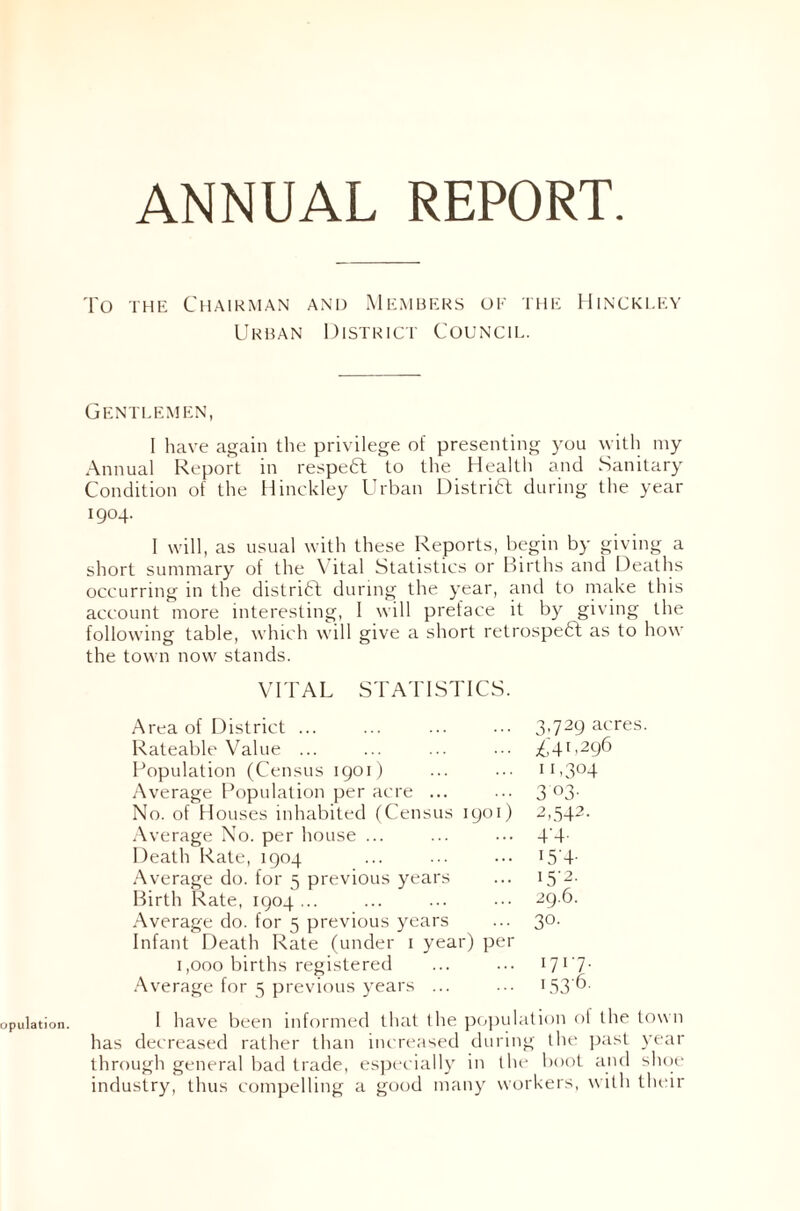 To the Chairman and Members of the Hinckley Urban District Council. Gentlemen, I have again the privilege of presenting you with my Annual Report in respeCt to the Health and Sanitary Condition of the Hinckley Urban District during the year 1904. 1 will, as usual with these Reports, begin by giving a short summary of the Vital Statistics or Births and Deaths occurring in the district during the year, anti to make this account more interesting, 1 will preface it by giving the following table, which will give a short retrospect as to how the town now stands. VITAL STATISTICS. Area of District ... 3,729 acres Rateable Value ... £41,296 Population (Census 1901) H’3°4 Average Population per acre ... 3°3- No. of Houses inhabited (Census 1901) A542- Average No. per house ... 4’4- Death Rate, 1904 I54- Average do. for 5 previous years !5'2. Birth Rate, 1904 ... 29.6. Average do. for 5 previous years 3°- Infant Death Rate (under 1 year) per 1,000 births registered 171‘7- jr Average for 5 previous years ... 153 6 1 have been informed that the population of lhe town has decreased rather than increased during the past year through general bad trade, especially in the boot and shoe industry, thus compelling a good many workers, with their