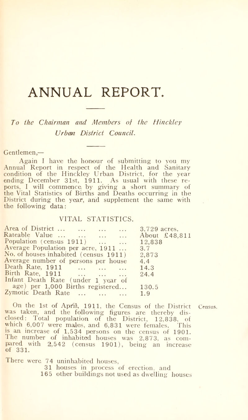 To the Chairman and Members of the Hinckley Urban District Council. Gentlemen,— Again I havie the honour of submitting to you my Annual Report in respect of the Health and Sanitary condition of the Hinckley Urban District, for the year ending December 31st, 1911. As usual with these re- ports, I will commence by giving a short summary of the Vital Statistics of Births and Deaths occurring in the District during the year, and supplement the same with the following data: VITAL STATISTICS. Area of District Rateable Value ... Population (census 1911) Average Population per acre, 1911 ... No. of houses inhabited (census 1911) Average number of persons per house Death Rate, 1911 Birth Rate, 1911 Infant Death Rate (under 1 year of age) per 1,000 Births registered... Zymotic Death Rate 3,729 acres. About £48,811 12,838 3.7 2,873 4.4 14.3 24.4 130.5 1.9 On the 1st of April1, 1911, the Census of the District was taken, and the following figures arc thereby dis- closed: Total population of the District, 12,838, of which 6,007 were males, and 6,831 were females. This is an increase of 1,534 persons on the census of 1901. 1 he number of inhabited houses was 2,873, as com- pared with 2,542 (census 1901), being an increase of 331. 31 houses in process of erection, and 165 other buildings not used as dwelling houses Census.