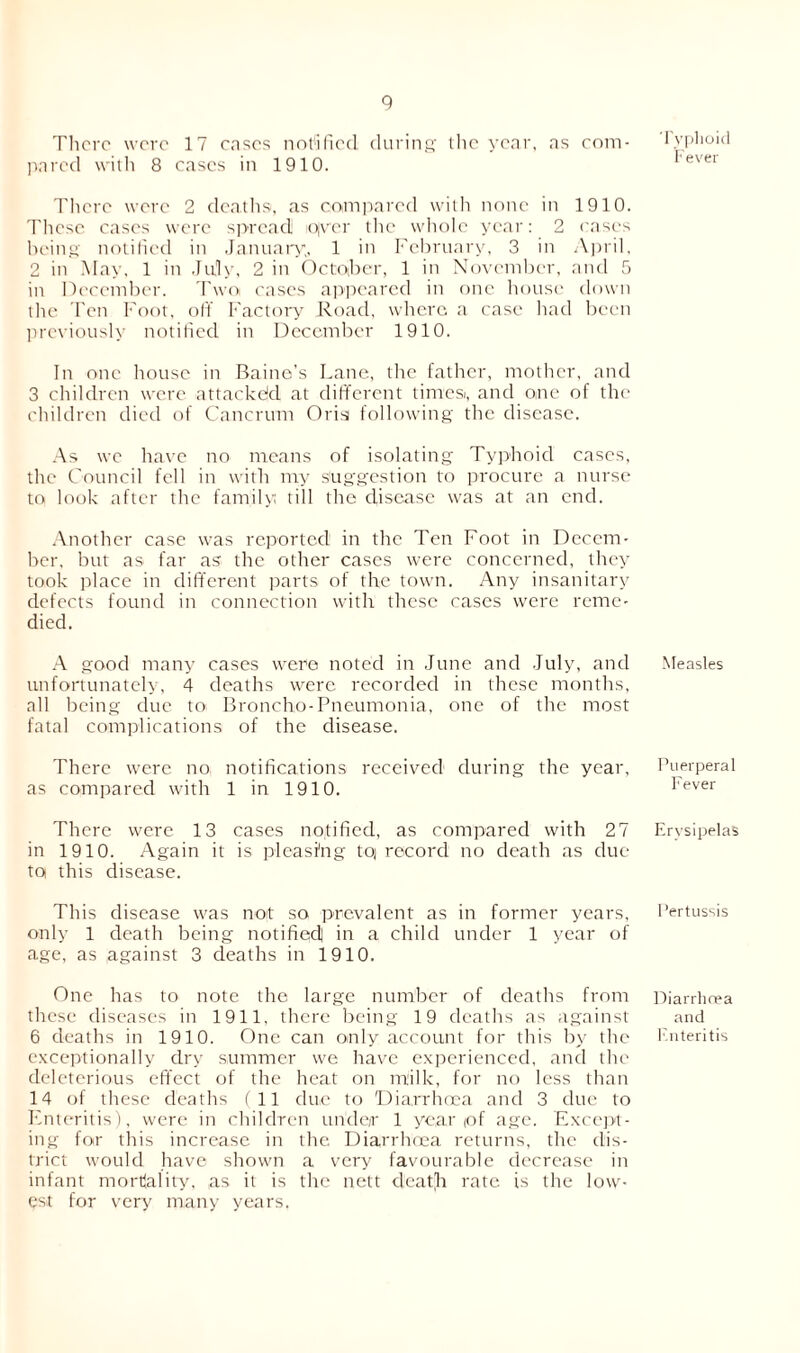 pared with 8 eases in 1910. There were 2 deaths, as compared with none in 1910. These eases were spread! ipver the whole year: 2 cases being notified in January,, 1 in February, 3 in April, 2 in May, 1 in July, 2 in October, 1 in November, and 5 in December. Two cases appeared in one house down the Ten Foot, off Factory Road, where a case had been previously notified in December 1910. In one house in Baine’s Lane, the father, mother, and 3 children were attacked at different times, and one of the children died of Cancrum Orisa following the disease. As we have no means of isolating Typhoid cases, the Council fell in with my Suggestion to procure a nurse to look after the family till the disease was at an end. Another case was reported in the Ten Foot in Decem- ber, but as far as the other cases were concerned, they took place in different parts of the town. Any insanitary defects found in connection with these cases were reme- died. A good many cases were noted in June and July, and unfortunately, 4 deaths were recorded in these months, all being due to> Broncho-Pneumonia, one of the most fatal complications of the disease. There were no notifications received during the year, as compared with 1 in 1910. There were 13 cases notified, as compared with 27 in 1910. Again it is pleasing toj record no death as due to this disease. This disease was not so prevalent as in former years, only 1 death being notified in a child under 1 year of age, as against 3 deaths in 1910. One has to note the large number of deaths from these diseases in 1911, there being 19 deaths as against 6 deaths in 1910. One can only account for this by the exceptionally dry summer we have experienced, and the deleterious effect of the heat on milk, for no less than 14 of these deaths (11 due to Diarrhoea and 3 due to Enteritis), were in children under 1 year <of age. Except- ing for this increase in the Diarrhoea returns, the dis- trict would have shown a very favourable decrease in infant mortality, as it is the nett death rate ts the low- est for very many years. Fever Measles Puerperal Fever Erysipelas Pertussis Diarrhoea and Enteritis