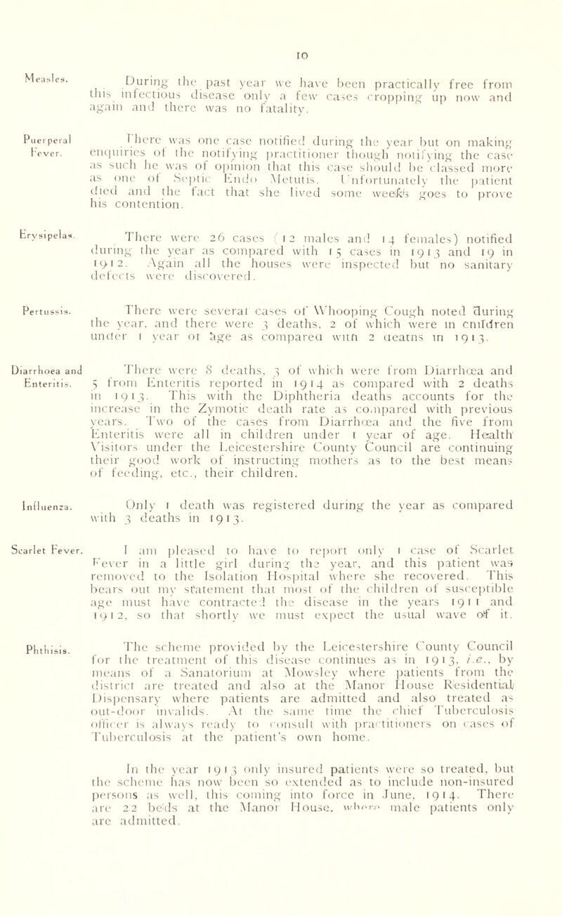 M easles. Puerperal Fever. Erysipelas. Pertussis. Diarrhoea an. Enteritis. lull uenza. Scarlet Fever Phthisis. During the past year we have been practically free from tins infectious disease only a few cases cropping up now and again and there was no fatality. 1 here was one case notified during the year but on making enquiries ot the notifying practitioner though notifying the case as such he was of opinion that this case should be classed more as one of Septic Kudo Metutis. ( nfortunately the patient died and the fact that she lived some weefe goes to prove his contention. There were 26 cases 12 males and 14 females) notified during the year as compared with 15 cases in 1913 and 19 in 1912. Again all the houses were inspected but no sanitary defects were discovered. There were several cases of' Whooping Cough noted during the year, and there were 3 deaths, 2 of which were in cniTdren under 1 year or hge as compared witn 2 ueatns in 1913. There were 8 deaths, 3 of which were from Diarrhoea and 5 from Enteritis reported in 1914 as compared with 2 deaths in 1913. This with the Diphtheria deaths accounts for the increase in the Zymotic death rate as compared with previous years. Two of the cases from Diarrhoea and the five from Enteritis were all in children under i year of age. Health Visitors under the Leicestershire County Council are continuing their good work of instructing mothers as to the best means of feeding, etc., their children. Only 1 death was registered during the year as compared with 3 deaths in 1913. I am pleased to have to report only 1 case ot Scarlet Lever in a little girl during the year, and this patient was removed to the Isolation Hospital where she recovered. This bears out my statement that most of the children of susceptible age must have contracted the disease in the years 1911 and 1912, so that shortly we must expect the usual wave of it. The scheme provided by the Leicestershire County Council for the treatment of this disease continues as in 1913, i.e., by means of a Sanatorium at Mowsley where patients from the district are treated and also at the Manor House Residential! Dispensary where patients are admitted and also treated as out-door invalids. At the same time the chief Tuberculosis officer is always ready to consult with practitioners on cases of Tuberculosis at the patient’s own home. In the year 1913 only insured patients were so treated, but the scheme has now been so extended as to include non-insured persons as well, this coming into force in June, 1914. There arc 22 be!ds at the Manor House, whe™* male patients only are admitted.