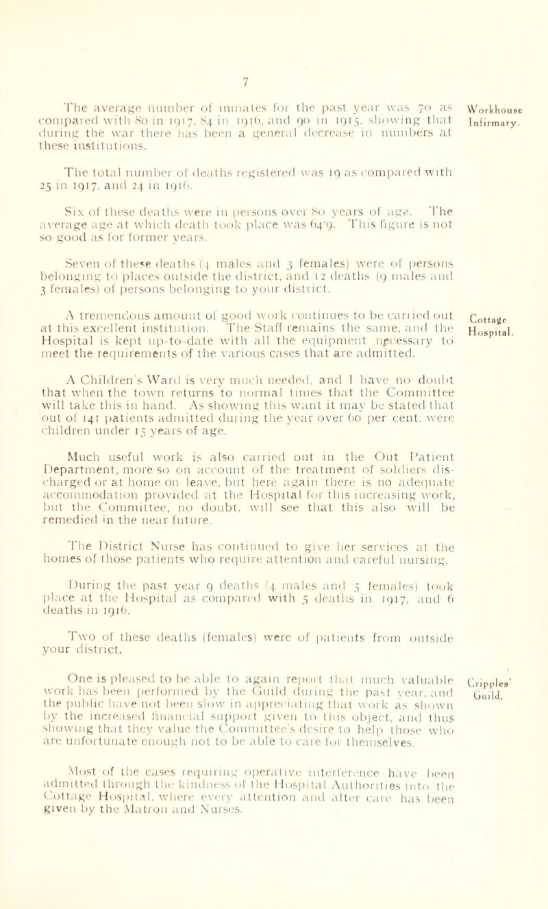 The average number of inmates for the past year was 70 as compared with 80 in 1917,84 in 1916, and 90 in 1915, showing that during the war there lias been a general decrease in numbers at these institutions. The total number of deaths registered was 19 as compared with 25 in 1917. and 24 in 1916. Six of these deaths were in persons over So years of age. The average age at which death took place was (>4'9. This figure is not so good as for former years. Seven of these deaths (4 males and 3 females) were of persons belonging to places outside the district, and 12 deaths (9 males and 3 females) of persons belonging to your district. A tremendous amount of good work continues to be carried out at this excellent institution. The Staff remains the same, and the Hospital is kept up-to-date with all the equipment accessary to meet the requirements of the various cases that are admitted. A Children's Ward is very much needed, and I have no doubt that when the town returns to normal times that the Committee will take this in hand. As showing this want it may be stated that out of 141 patients admitted during the year over 60 per cent, were children under 15 years of age. Much useful work is also carried out in the Out Patient Department, more so on account of the treatment of soldiers dis- charged or at home on leave, but here again there is no adequate accommodation provided at the Hospital for this increasing work, but the Committee, no doubt, will see that this also will be remedied in the near future. The District Nurse has continued to give her services at the homes of those patients who require attention and careful nursing. During the past year 9 deaths (4 males and 3 females) took place at the Hospital as compared with 5 deaths in 1917, and 6 deaths in 191b. Two of these deaths (females) were of patients from outside your district. One is pleased to be able to again report that much valuable work has been performed by the Guild during the past year, and the public have not been slow in appreciating that work as shown by the increased financial support given to this object, and thus showing that they value the Committee's desire to help those who are unfortunate enough not to be able to care for themselves. Most of the cases requiring operative interference have been admitted through the kindness of the Hospital Authorities into the Cottage Hospital, where every attention and after care has been given by the Matron and Nurses. W orldiouss Infirmary. Cottage Hospital. Cripples Guild.