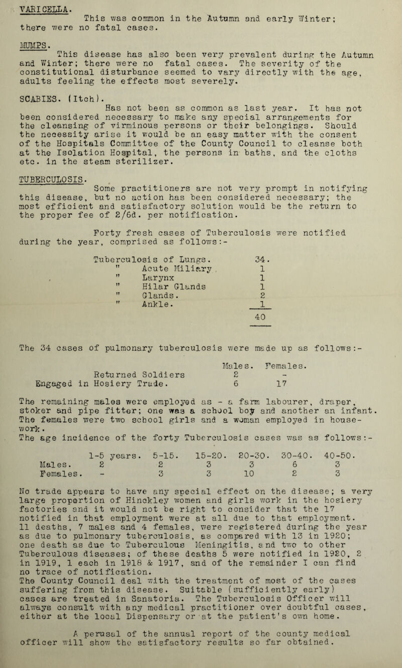 VARICELLA. This was eomraon in the Autumn and early Winter; there were no fatal cases. MUMPS. This disease has also been very prevalent during the Autumn and Winter; there were no fatal cases. The severity of the constitutional disturbance seemed to vary directly with the age, adults feeling the effects most severely. SCABIES. (Itch). Has not been as common as last year. It has not been considered necessary to make any special arrangements for the cleansing of virminous persons or their belongings. Should the necessity arise it would be an easy matter with the consent of the Hospitals Committee of the County Council to cleanse both at the Isolation Hospital, the persons in baths, and the cloths etc. in the steam sterilizer. TUBERCULOSIS- Some practitioners are not very prompt in notifying this disease, but no action has been considered necessary; the most efficient and satisfactory solution would be the return to the proper fee of 2/6d. per notification. Forty fresh cases of Tuberculosis were notified during the year, comprised as follows :- Tuberculosis of Lungs. 24.  Acute Miliary 1  Larynx 1  Hilar Glands 1  Glands. 2  Ankle. 1 40 The 34 cases of pulmonary tuberculosis were made up as follows :- Males. Females. Returned Soldiers 2 Engaged in Hosiery Trade. 6 17 The remaining males were employed as - a farm labourer, draper, stoker and pipe fitter; one was a school boy and another an infant. The females were two school girls and a woman employed in house- work . The age incidence of the forty Tuberculosis cases was as follows :- 1-5 years. 5-15. 15-20. 20-30. 30-40. 40-50. Males. 2 2 3 3 6 3 Females. - 3 3 10 2 3 No trade appears to have any special effect on the disease; a very large proportion of Hinckley women and girls work in the hosiery factories and it would not be right to consider that the 17 notified in that employment were at all due to that employment. 11 deaths, 7 males and 4 females, were registered during the year as due to pulmonary tuberculosis, as compared with 13 in 1920; one death as due to Tuberculous Meningitis, and two to other Tuberculous diseases; of these deaths 5 were notified in 1930, 2 in 1919., 1 each in 1918 & 1917, and of the remainder I can find no trace of notification. The County Council deal with the treatment of most of the cases suffering from this disease. Suitable (sufficiently7- early) cases are treated in Sanatoria. The Tuberculosis Officer will always consult with any medical practitioner over doubtful cases, either at the local Dispensary or-at the patient's own home. A perusal of the annual report of the county medical officer will show the satisfactory results so far obtained.