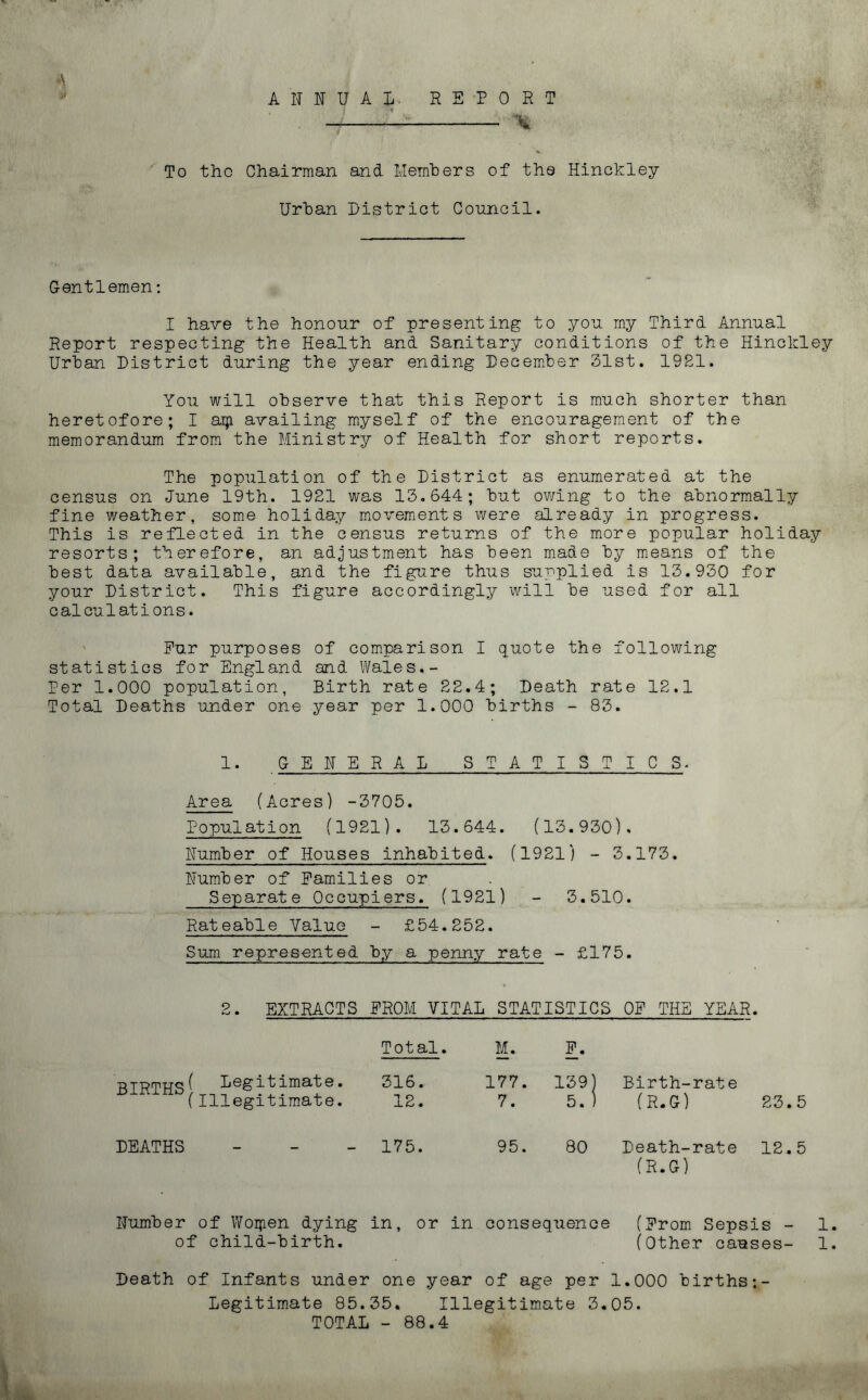 A 1HJ U A L REPORT \ To the Chairman and Members of the Hinckley- Urban District Council. Gentlemen: I have the honour of presenting to you my Third Annual Report respecting the Health and Sanitary conditions of the Hinckley Urban District during the year ending December 31st. 1981. You will observe that this Report is much shorter than heretofore; I aqi availing myself of the encouragement of the memorandum from the Ministry of Health for short reports. The population of the District as enumerated at the census on June 19th. 1921 was 13.644; but owing to the abnormally fine weather, some holiday movements were already in progress. This is reflected in the census returns of the more popular holiday resorts; therefore, an adjustment has been made by means of the best data available, and the figure thus supplied is 13.930 for your District. This figure accordingly will be used for all calculations. Pur purposes of comparison I quote the following statistics for England and Wales.- Per 1.000 population, Birth rate 22.4; Death rate 12.1 Total Deaths under one year per 1.000 births - 83. i. GEHERAL STATISTICS. Area (Acres) -3705. Population (1921). 13.644. (13.930). Number of Houses inhabited. (1921) - 3.173. Number of Families or Separate Occupiers. (1921) - 3.510. Rateable Value - £54.252. Sum represented by a penny rate - £175. 2. EXTRACTS FROM VITAL STATISTICS OF THE YEAR. Total. M. F. BIRTHS £ Legitimate. (Illegitimate. 316. 12. 177. 7. 139) 5. ) Birth-rate (R.G) 23.5 DEATHS - 175. 95. 80 Death-rate (R.G) 12.5 Number of Woqien dying in, or in consequence (From Sepsis - 1. of child-birth. (Other causes- 1. Death of Infants under one year of age per 1.000 births;- Legitimate 85.35. Illegitimate 3.05. TOTAL - 88.4