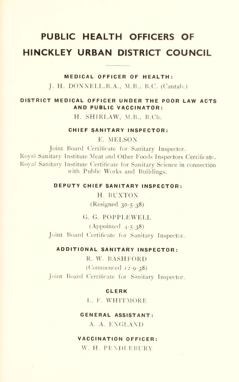 PUBLIC HEALTH OFFICERS OF HINCKLEY URBAN DISTRICT COUNCIL MEDICAL OFFICER OF HEALTH: J. H. DON NEI.L.B.A., M.B., B.C. (Cantab.) DISTRICT MEDICAL OFFICER UNDER THE POOR LAW ACTS AND PUBLIC VACCINATOR: H. SHIRI.AW, M.B., B.Ch. CHIEF SANITARY INSPECTOR: E. MELSON Joint Board Certificate for Sanitary Inspector. Royal Sanitary Institute Meat and Other Foods Inspectors Certificate. Royal Sanitary Institute Certificate for Sanitary Science in connection with Public Works and Buildings. DEPUTY CHIEF SANITARY INSPECTOR: H. BUXTON (Resigned 30-5-38) G. G. POPPLE WELL (Appointed 4-5-38) Joint Board Certificate for Sanitary Inspector. ADDITIONAL SANITARY INSPECTOR: R. W. BASH FORD (Commenced 12-9-38) Joint Board Certificate for Sanitary Inspector. CLERK L. E. WHITMORE GENERAL ASSISTANT: A. A. ENGLAND VACCINATION OFFICER W. H. PENDI E BURN'