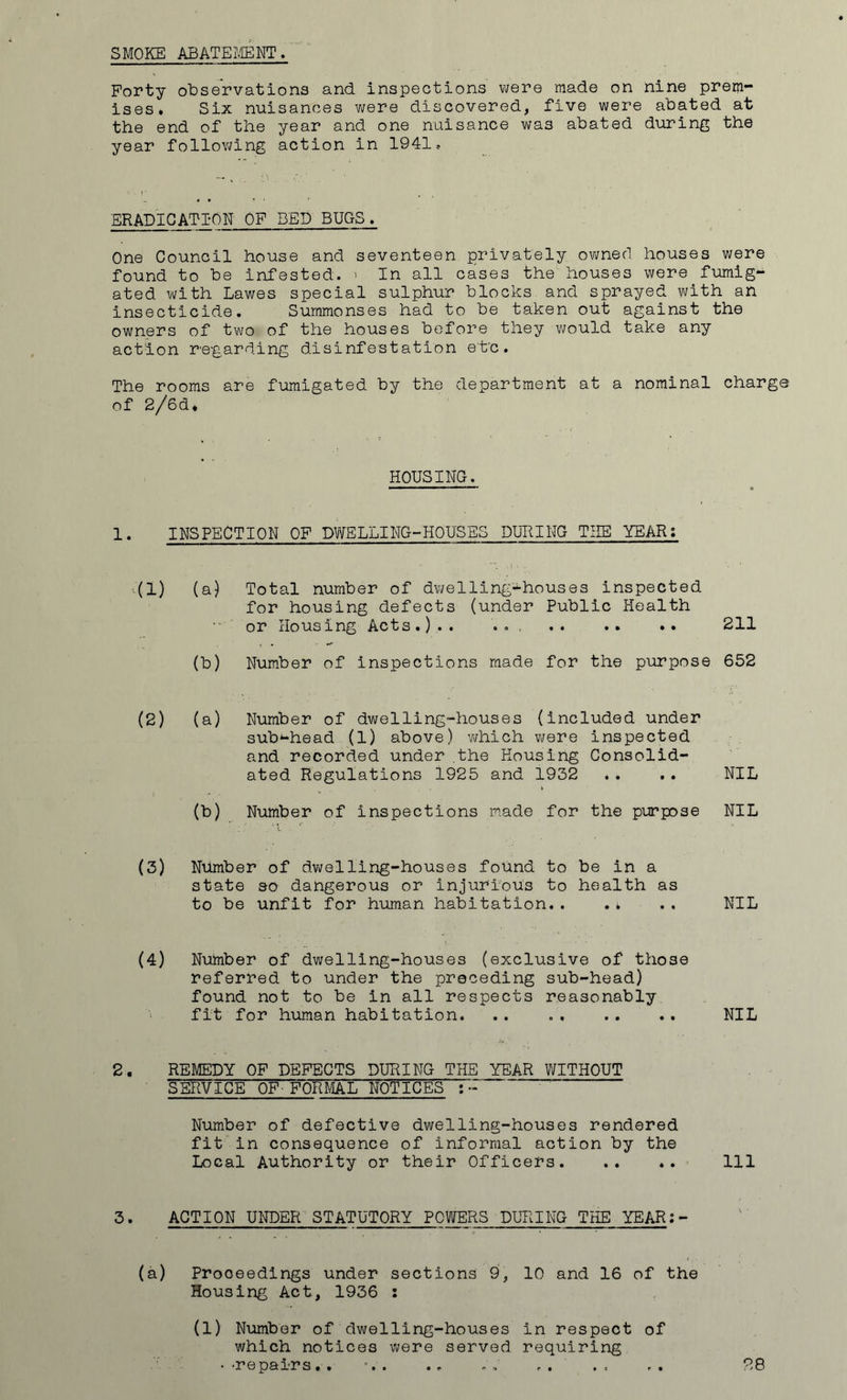 SMOKE ABATEMENT. Forty observations and inspections were made on nine prem- ises. Six nuisances were discovered, five were abated at the end of the year and one nuisance was abated during the year following action in 1941. ERADICATION OF BED BUGS. One Council house and seventeen privately owned houses were found to be infested. > In all cases the houses were fumig- ated with Lawes special sulphur blocks and sprayed with an insecticide. Summonses had to be taken out against the owners of two of the houses before they would take any action regarding disinfestation e't'c. The rooms are fumigated by the department at a nominal charge of 2/6d» HOUSING. 1. INSPECTION OF DWELLING-HOUSES DURING THE YEAR: (1) (a) Total number of dwelling-houses inspected for housing defects (under Public Health or Housing Acts .) . . ... . . .. •. 211 (b) Number of inspections made for the purpose 652 (2) (a) Number of dwelling-houses (included under sub-head (1) above) which were inspected and recorded under the Housing Consolid- ated Regulations 1925 and 1932 .. .. NIL (b) Number of inspections made for the purpose NIL (3) Number of dwelling-houses found to be in a state so dangerous or injurious to health as to be unfit for human habitation.. .4 ., NIL (4) Number of dwelling-houses (exclusive of those referred to under the preceding sub-head) found not to be in all respects reasonably fit for human habitation. . . NIL 2. REMEDY OF DEFECTS DURING THE YEAR WITHOUT SERVICE OF- FORMAL NOTICES :- Number of defective dwelling-houses rendered fit in consequence of informal action by the Local Authority or their Officers Ill 3. ACTION UNDER STATUTORY POWERS DURING THE YEAR:- (a) Proceedings under sections 9, 10 and 16 of the Housing Act, 1936 : (1) Number of dwelling-houses in respect of which notices were served requiring • -repairs. . • <* 28