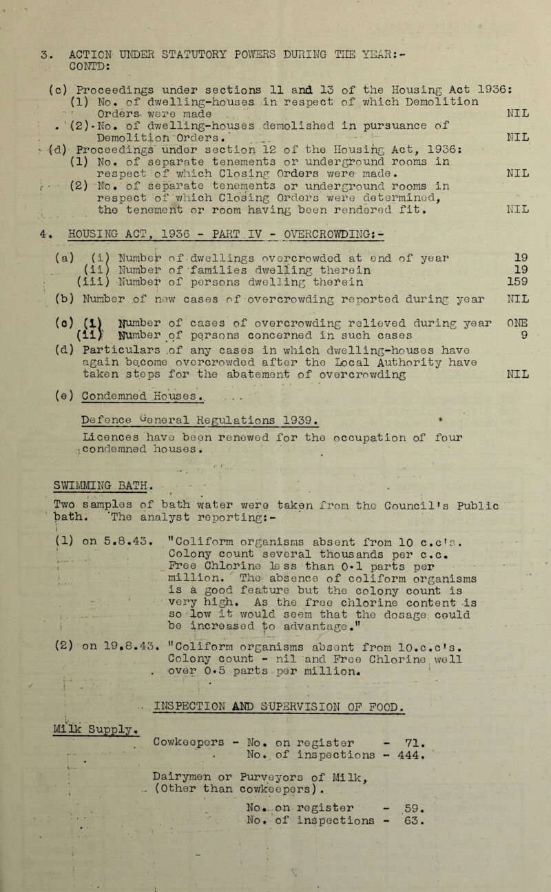 3. ACTION UNDER STATUTORY POWERS DURING THE YEAR:- CONTD: (c) Proceedings under sections 11 and 13 of the Housing Act 1936: (1) No. of dwelling-houses in respect of which Demolition ' Orders were made NIL . !(2)* *No. of dwelling-houses.demolished in pursuance of Demolition'Orders. ’ g NIL • (d) Proceedings' under section 12 of the. Housing Act, 1936: (1) No. of separate tenements or underground rooms in respect of which Closing Orders were made. NIL '■ ■ (2) No. of separate tenements or underground rooms in respect of'which Closing Orders were determined, the tenement or room having been rendered fit. NIL 4. HOUSING ACT, 1956 - PART.IV - OVERCROWDING:- (a) (i) Numbeir of• dwellings overcrowded at end of year 19 (ii) Number of-families dwelling therein 19 (iii) Number of persons dwelling therein 159 M Number .of now cases of overcrowding reported during year NIL (c) (1) Number of cases of overcrowding relieved during year ONE (HI Number of persons concerned in such cases 9 (d) Particulars .of any cases In which dwelling-houses have again be.come overcrowded after the Local Authority have taken steps for the abatement of overcrowding NIL (e) Condemned .Houses,.. . . - ' Defence General Regulations 1959. Licences have been renewed for the occupation of four c o nde mne d ho us e s . SWIMMING BATH. Two. samples of bath water were taken from the Council's Public bath. 'The analyst reporting:- i (1) on 5.8.43. Coliform organisms absent from 10 c.c's. Colony count several thousands per c.c. [ Free Chlorine less than 0»1 parts per ; million. The absence of coliform organisms is a good feature but the colony count Is 1 1 very high. As the free chlorine content is so low it would seem that the dosage could I be increased to advantage. (2) on 19,8.43. Coliform organisms absent from 10.c.c's. Colony count - nil and Free Chlorine,well ♦ over 0•5 parts per million. • • INSPECTION AND SUPERVISION OF FOOD. Milk Supply. Cowkeopers - No. on register - 71. ; ' - No. of inspections - 444. Dairymen or Purveyors of Milk, .. (Other than cowkeepors) . No,..on register - 59. No. of inspections - 63.