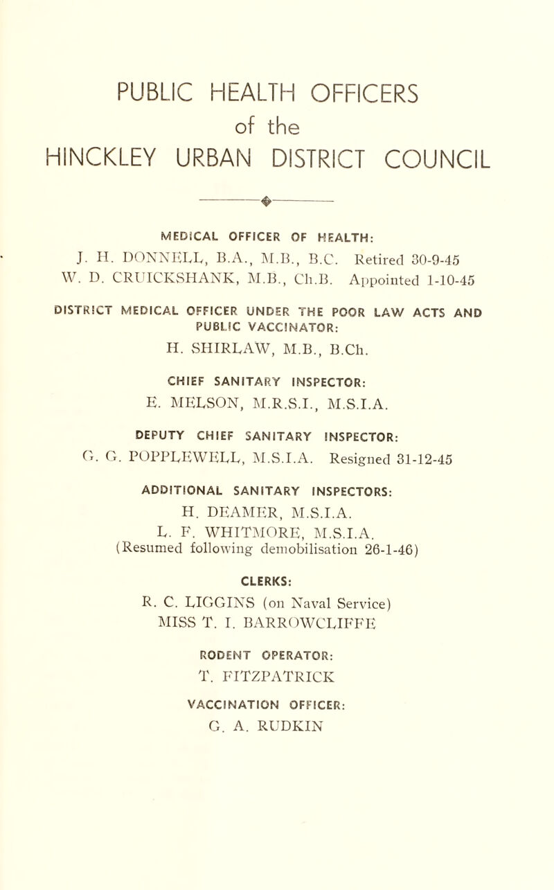 PUBLIC HEALTH OFFICERS of the HINCKLEY URBAN DISTRICT COUNCIL * MEDICAL OFFICER OF HEALTH: J. H. DONNELL, B.A., M.B., B.C. Retired 30-9-45 W. D. CRUICKSHANK, M.B., Ch.B. Appointed 1-10-45 DISTRICT MEDICAL OFFICER UNDER THE POOR LAW ACTS AND PUBLIC VACCINATOR: H. SHIRLAW, M.B., B.Ch. CHIEF SANITARY INSPECTOR: E. MELSON, M.R.S.I., M.S.I.A. DEPUTY CHIEF SANITARY INSPECTOR: O. G. POPPLEWELL, M.S.I.A. Resigned 31-12-45 ADDITIONAL SANITARY INSPECTORS: H. DEAMER, M.S.I.A. L. F. WHITMORE, M.S.I.A. (Resumed following demobilisation 26-1-46) CLERKS: R. C. LIGGINS (on Naval Service) MISS T. I. BARROWCLIFFE RODENT OPERATOR: T. FITZPATRICK VACCINATION OFFICER: G. A. RUDKIN