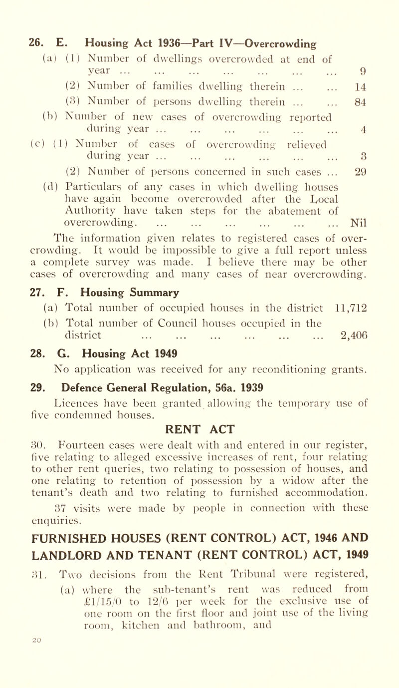 26. E. Housing Act 1936—Part IV—Overcrowding (a) (1) Number of dwellings overcrowded at end of year ... ... ... ... ... ... ... 9 (2) Number of families dwelling therein ... ... 14 (3) Number of persons dwelling therein ... ... 84 (b) Number of new cases of overcrowding reported during year ... ... ... ... ... ... 4 (c) (1) Number of cases of overcrowding relieved during year 3 (2) Number of persons concerned in such cases ... 29 (d) Particulars of any cases in which dwelling houses have again become overcrowded after the Local Authority have taken steps for the abatement of overcrowding. ... ... Nil The information given relates to registered cases of over- crowding. It would be impossible to give a full report unless a complete survey was made. I believe there may be other cases of overcrowding and many cases of near overcrowding. 27. F. Housing Summary (a) Total number of occupied houses in the district 11,712 (b) Total number of Council houses occupied in the district ... ... 2,400 28. G. Housing Act 1949 No application was received for any reconditioning grants. 29. Defence General Regulation, 56a. 1939 Licences have been granted allowing the temporary use of five condemned houses. RENT ACT 30. Fourteen cases were dealt with and entered in our register, five relating to alleged excessive increases of rent, four relating to other rent queries, two relating to possession of houses, and one relating to retention of possession by a widow after the tenant’s death and two relating to furnished accommodation. 37 visits were made bv people in connection with these enquiries. FURNISHED HOUSES (RENT CONTROL) ACT, 1946 AND LANDLORD AND TENANT (RENT CONTROL) ACT, 1949 31. Two decisions from the Rent Tribunal were registered, (a) where the sub-tenant’s rent was reduced from £1/15/0 to 12/(3 per week for the exclusive use of one room on the first floor and joint use of the living room, kitchen and bathroom, and