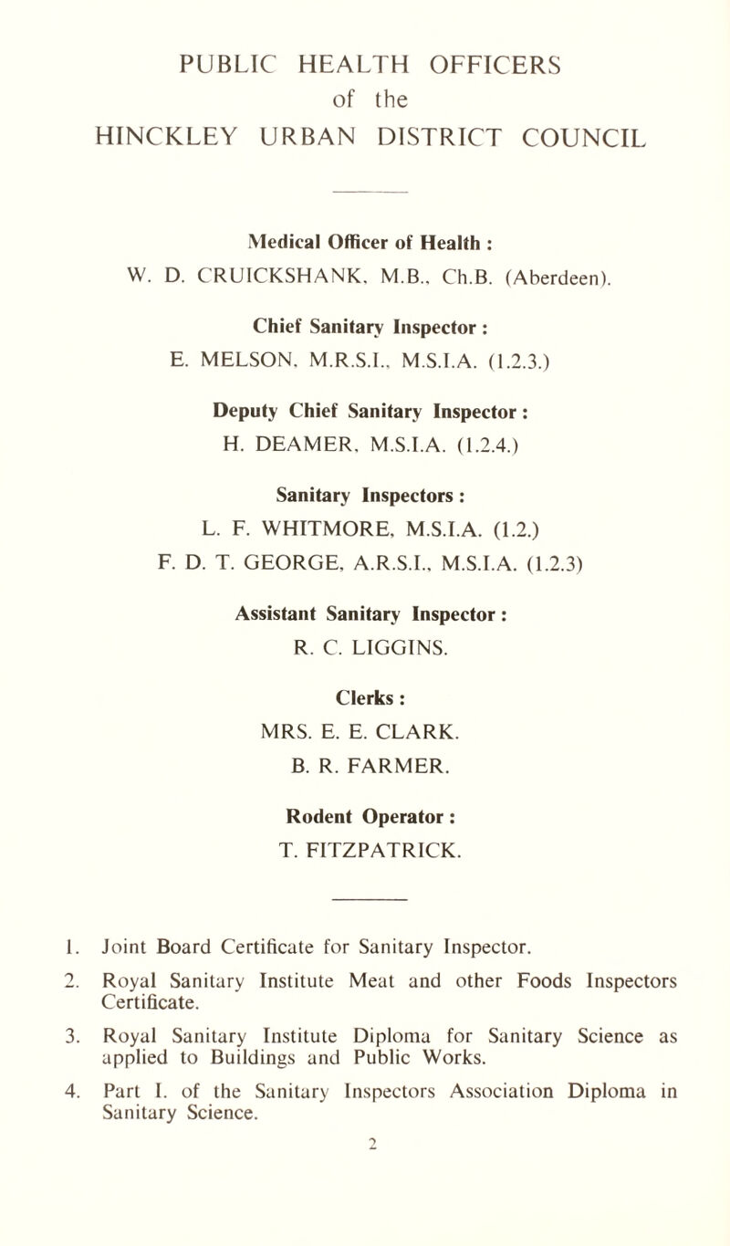 PUBLIC HEALTH OFFICERS of the HINCKLEY URBAN DISTRICT COUNCIL Medical Officer of Health : W. D. CRUICKSHANK, M.B.. Ch.B. (Aberdeen). Chief Sanitary Inspector : E. MELSON. M.R.S.I.. M.S.I.A. (1.2.3.) Deputy Chief Sanitary Inspector: H. DEAMER. M.S.I.A. (1.2.4.) Sanitary Inspectors : L. F. WHITMORE. M.S.I.A. (1.2.) F. D. T. GEORGE, A.R.S.I., M.S.I.A. (1.2.3) Assistant Sanitary Inspector : R. C. LIGGINS. Clerks : MRS. E. E. CLARK. B. R. FARMER. Rodent Operator: T. FITZPATRICK. 1. Joint Board Certificate for Sanitary Inspector. 2. Royal Sanitary Institute Meat and other Foods Inspectors Certificate. 3. Royal Sanitary Institute Diploma for Sanitary Science as applied to Buildings and Public Works. 4. Part I. of the Sanitary Inspectors Association Diploma in Sanitary Science.