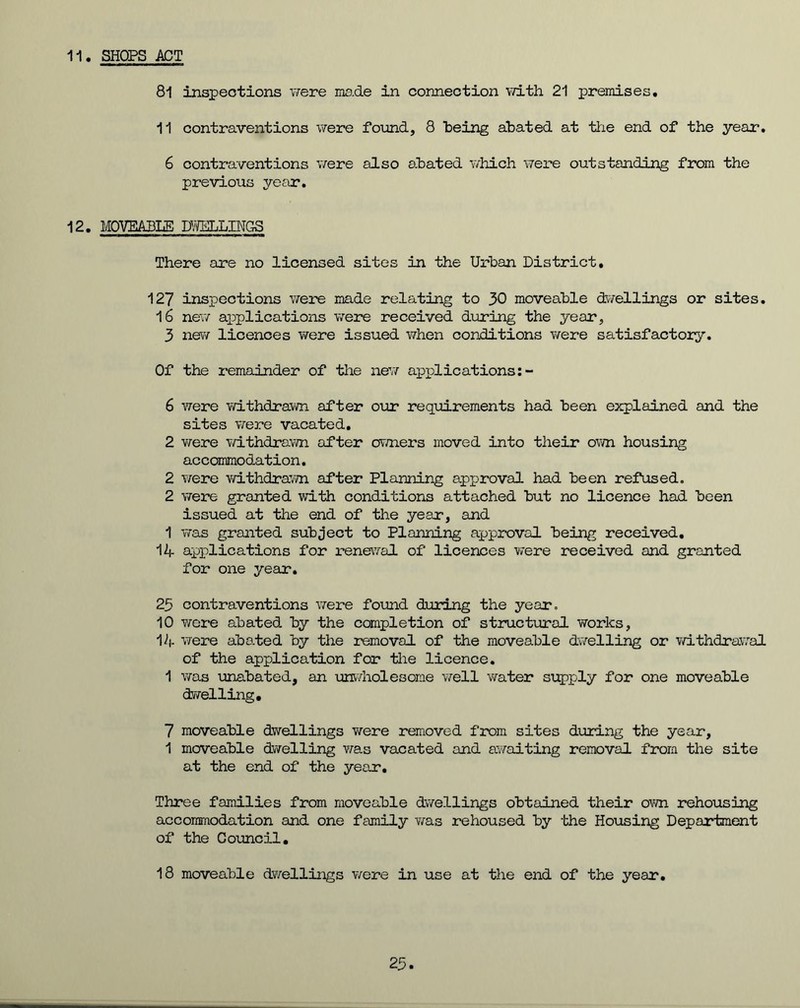 81 inspections were ms.de in connection with 21 premises. 11 contraventions were found, 8 being abated at the end of the year. 6 contraventions were also abated which were outstanding from the previous year. 12. MOVEABLE DWELLINGS There are no licensed sites in the Urban District. 127 inspections were made relating to 30 moveable dwellings or sites. 16 new applications were received during the year, 3 new licences were issued when conditions were satisfactory. Of the remainder of the new applications: - 6 were withdrawn after our requirements had been explained and the sites were vacated. 2 were withdrawn after owners moved into their own housing accommodation. 2 were withdrawn after Planning approval had been refused. 2 were granted with conditions attached but no licence had been issued at the end of the year, and 1 was granted subject to Planning approval being received. 14 applications for renewal of licences were received and granted for one year. 23 contraventions were found during the year. 10 were abated, by the completion of structural works, 14 were abated by the removal of the moveable dwelling or withdrawal of the application for the licence. 1 was unabated, an unwholesome well water supply for one moveable dwelling, 7 moveable dwellings were removed from sites during the year, 1 moveable dwelling was vacated and awaiting removal from the site at the end of the year. Three families from moveable dwellings obtained their own rehousing accommodation and one family was rehoused by the Housing Department of the Council. 18 moveable dwellings were in use at the end of the year. 23.