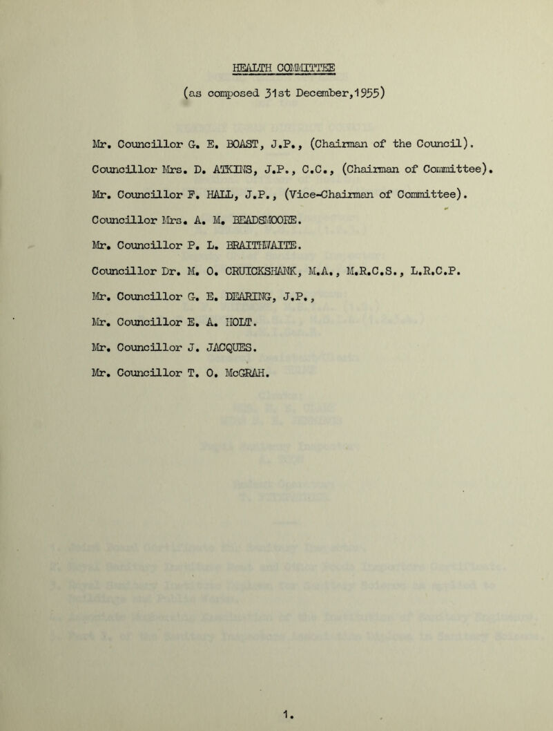 HEALTH COMMITTEE (as composed 31st December, 1955) Mr. Councillor G. E. BOAST, J.P., (Chairman of the Council). Councillor Mrs. D. ATKINS, J.P., C.C., (Chairman of Committee). Mr. Councillor P. HALL, J.P., (Vice-Chairman of Committee). Councillor Mrs. A. M. BEADSMOOKE. Mr. Councillor P. L. BRAITHJAITE. Councillor Dr. M. 0. CRUICKSHANK, M.A,, M.R.C.S., L.R.C.P. Mr. Councillor G. E. DEARING, J.P., Mr. Councillor E, A. HOLT. Mr, Councillor J. JACQUES. Mr. Councillor T. 0. McGRAH. 1