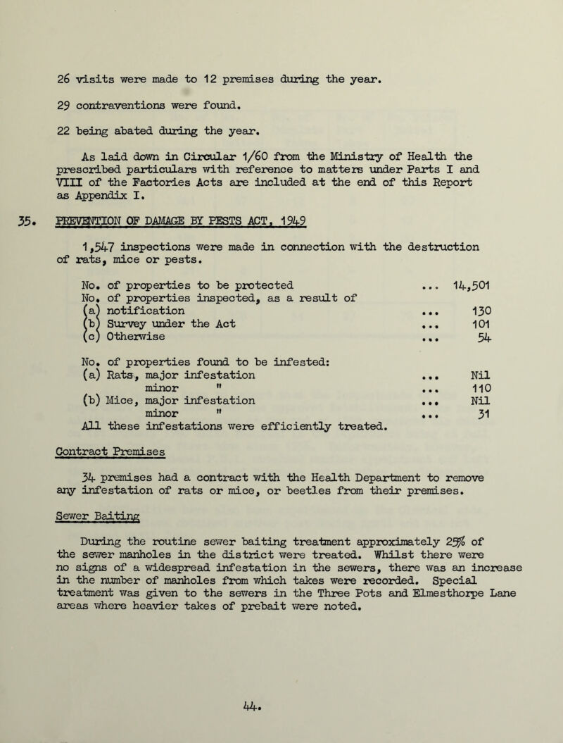 26 visits were made to 12 premises during the year. 29 contraventions were found. 22 being abated during the year. As laid down in Circular 1/60 from the Ministry of Health the prescribed particulars with reference to matters under Parts I and VIII of the Factories Acts are included at the end of this Report as Appendix I. 35. PREVENTION OF DAMAGE BY PESTS ACT, 194-9 1,547 inspections were made in connection with the destruction of rats, mice or pests. No. of properties to be protected No. of properties inspected, as a result of (a.) notification (b) Survey under the Act (c) Otherwise No. of properties found to be infested: (a) Rats, major infestation • • • Nil minor ” • • • 110 (b) Mice, major infestation • • • Nil minor  • • • 31 All these infestations were efficiently treated. Contract Premises ... 14,501 ... 130 ... 101 54 34 premises had a contract with the Health Department to remove any infestation of rats or mice, or beetles from their premises. Sewer Baiting During the routine sewer baiting treatment approximately 2j/0 of the sewer manholes in the district were treated. Whilst there were no signs of a widespread infestation in the sewers, there was an increase in the number of manholes from which takes were recorded. Special treatment wan given to the sewers in the Three Pots and Elmesthorpe Lane areas where heavier takes of prebait were noted. 44