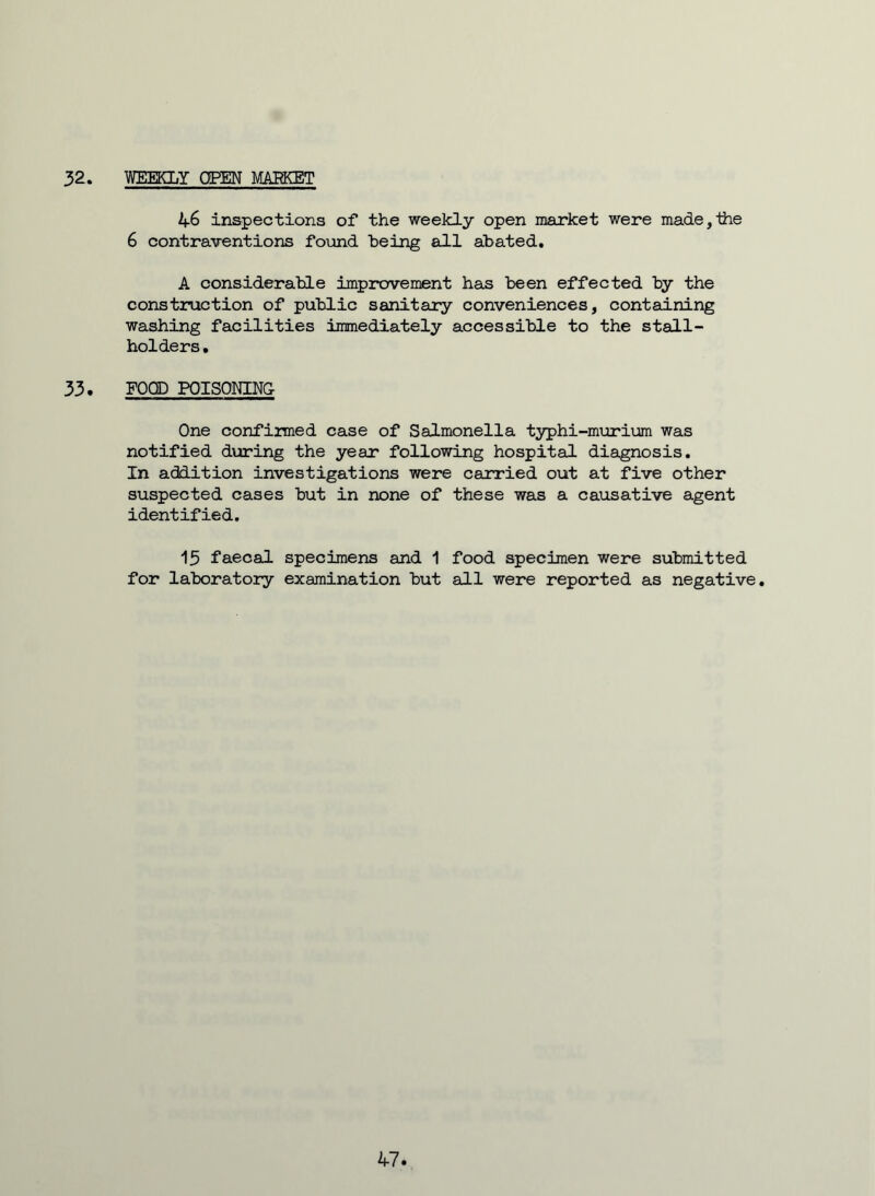 46 inspections of the weekly open market were made,the 6 contraventions found being all abated. A considerable improvement has been effected by the construction of public sanitary conveniences, containing washing facilities immediately accessible to the stall- holders • 33. FOOD POISONING- One confirmed case of Salmonella typhi-murium was notified during the year following hospital diagnosis. In addition investigations were carried out at five other suspected cases but in none of these was a causative agent identified. 15 faecal specimens and 1 food specimen were submitted for laboratory examination but all were reported as negative. 47