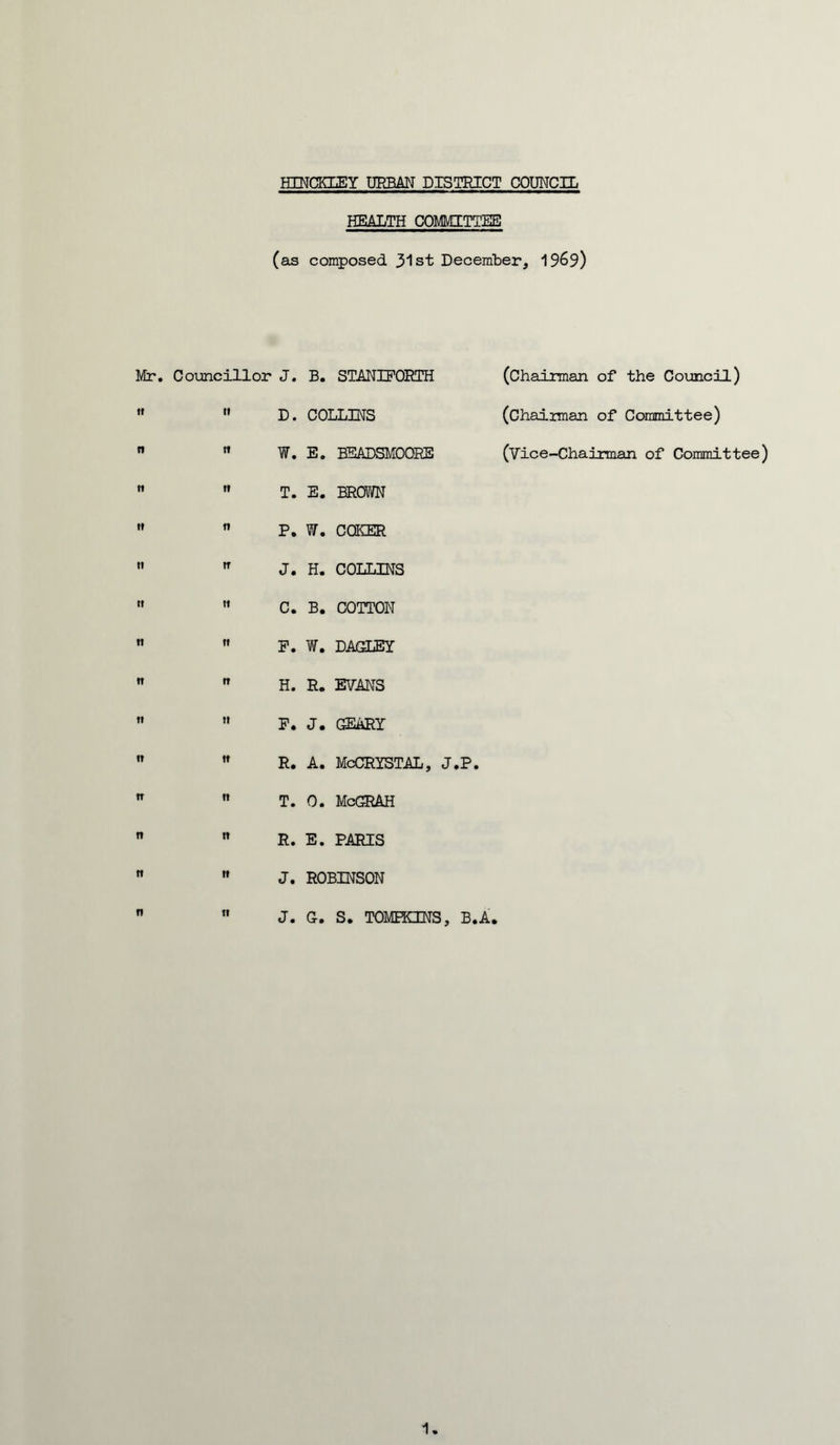 HINCKLEY URBAN DISTRICT COUNCIL HEALTH COMMITTEE (as composed 31st December, 19&9) Mr. Councillor J.   D.   W. T. P. J. C. F. H. F. R. T. R. J. J. B. STANIFORTH COLLINS E. BEADSMOORE E. BROWN W. COKER H. COLLINS B. COTTON W. DAGLEY R. EVANS J. GEARY A. McCRYSTAL, J.P. (Chairman of the Council) (Chairaian of Committee) (Vice-Chairman of Committee) 0. McGRAH E. PARIS ROBINSON G. S. TOMEKINS, B.A. 1