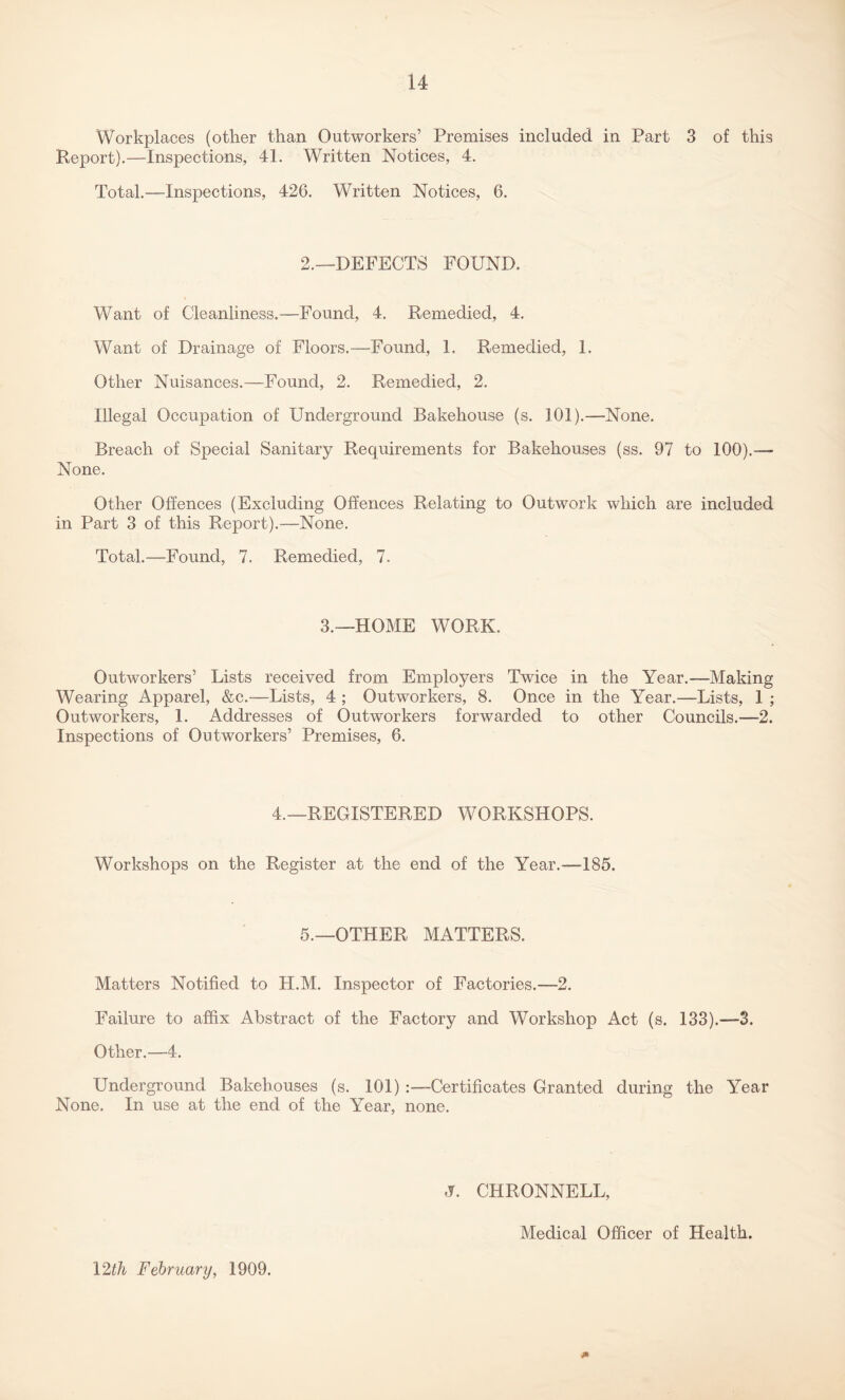 Workplaces (other than Outworkers’ Premises included in Part 3 of this Report).—Inspections, 41. Written Notices, 4. Total.—Inspections, 426. Written Notices, 6. 2.—DEFECTS FOUND. Want of Cleanliness.—Found, 4. Remedied, 4. Want of Drainage of Floors.—Found, 1. Remedied, 1. Other Nuisances.—Found, 2. Remedied, 2. Illegal Occupation of Underground Bakehouse (s. 101).—None. Breach of Special Sanitary Requirements for Bakehouses (ss. 97 to 100).— None. Other Offences (Excluding Offences Relating to Outwork which are included in Part 3 of this Report).—None. Total.-—Found, 7. Remedied, 7. 3.—HOME WORK. Outworkers’ Lists received from Employers Twice in the Year.—Making Wearing Apparel, &c.-—Lists, 4 ; Outworkers, 8. Once in the Year.—Lists, 1 ; Outworkers, 1. Addresses of Outworkers forwarded to other Councils.—2. Inspections of Outworkers’ Premises, 6. 4.—REGISTERED WORKSHOPS. Workshops on the Register at the end of the Year.—185. 5.—OTHER MATTERS. Matters Notified to H.M. Inspector of Factories.—2. Failure to affix Abstract of the Factory and Workshop Act (s. 133).—3. Other.—4. Underground Bakehouses (s. 101) :—Certificates Granted during the Year None. In use at the end of the Year, none. J. CHRONNELL, Medical Officer of Health. \2>th February, 1909.