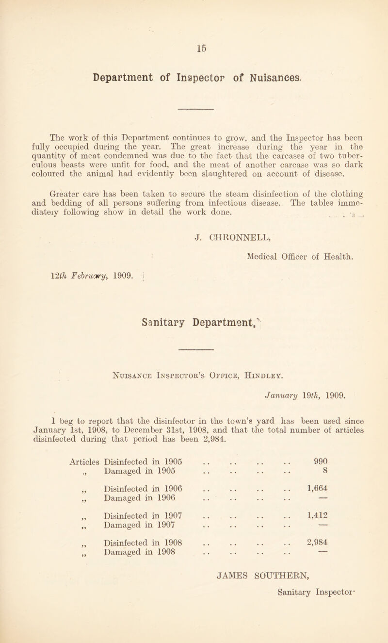 Department of Inspector of Nuisances. The woik of this Department continues to grow, and the Inspector has been fully occupied during the year. The great increase during the year in the quantity of meat condemned was due to the fact that the carcases of two tuber- culous beasts were unfit for food, and the meat of another carcase was so dark coloured the animal had evidently been slaughtered on account of disease. Greater care has been taken to secure the steam disinfection of the clothing and bedding of all persons suffering from infectious disease. The tables imme- diately following show in detail the work done. ■ * J. CHRONNELL, Medical Officer of Health. 12th February, 1909. Sanitary Department/ Nuisance Inspector’s Office, Hindley. January 19 th, 1909. 1 beg to report that the disinfector in the town’s yard has been used since January 1st, 1908, to December 31st, 1908, and that the total number of articles disinfected during that period has been 2,984. Articles Disinfected in 1905 ,, Damaged in 1905 ,, Disinfected in 1906 „ Damaged in 1906 ,, Disinfected in 1907 ,, Damaged in 1907 ,, Disinfected in 1908 „ Damaged in 1908 990 8 1,664 1,412 2,984 JAMES SOUTHERN,