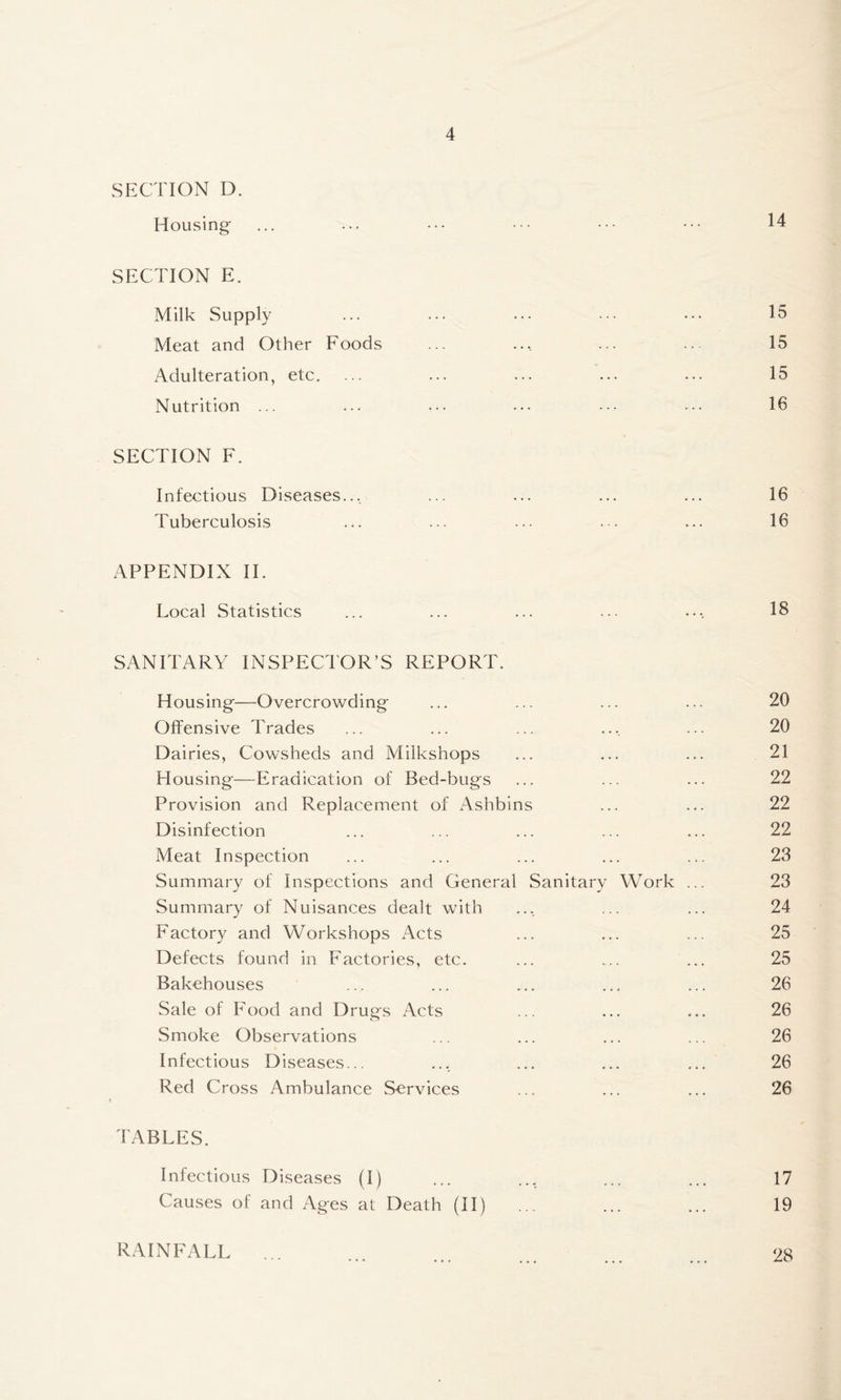 SECTION D. Housing- ... ... ••• ••• ••• ••• 14 SECTION E. Milk Supply ... ... ... ... ... 15 Meat and Other Foods ... .., ... ... 15 Adulteration, etc. ... ... ... ... ... 15 Nutrition ... ... ... ... ... 16 SECTION F. Infectious Diseases... ... ... ... ... 16 Tuberculosis ... ... ... . . ... 16 APPENDIX II. Local Statistics ... ... ... ... .... 18 SANITARY INSPECTOR’S REPORT. Housing-—Overcrowding- ... ... ... ... 20 Offensive Trades ... ... ... .... ... 20 Dairies, Cowsheds and Milkshops ... ... ... 21 Housing-—Eradication of Bed-bug'S ... ... ... 22 Provision and Replacement of Ashbins ... ... 22 Disinfection ... ... ... ... ... 22 Meat Inspection ... ... ... ... ... 23 Summary of Inspections and General Sanitary Work ... 23 Summary of Nuisances dealt with ... ... ... 24 Factory and Workshops Acts ... ... ... 25 Defects found in Factories, etc. ... ... ... 25 Bakehouses ... ... ... ... ... 26 Sale of Food and Drug's Acts ... ... ... 26 Smoke Observations ... ... ... ... 26 Infectious Diseases... ... ... ... ... 26 Red Cross Ambulance Services 26 TABLES. Infectious Diseases (I) ... ... ... ... 17 Causes of and Ages at Death (II) ... ... ... 19 RAINFALL 28