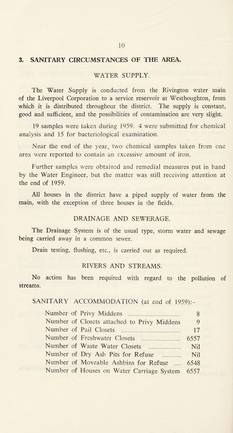 3. SANITARY CIRCUMSTANCES OF THE AREA. WATER SUPPLY. The Water Supply is conducted from the Rivington water main of the Liverpool Corporation to a service reservoir at Westhoughton, from which it is distributed throughout the district. The supply is constant, good and sufficient, and the possibilities of contamination are very slight. 19 samples were taken during 1959. 4 were submitted for chemical analysis and 15 for bacteriological examination. Near the end of the year, two> chemical samples taken from one area were reported to contain an excessive amount of iron. Further samples were obtained and remedial measures put in hand by the Water Engineer, but the matter was still receiving attention at the end of 1959. All houses in the district have a piped supply of water from the main, with the exception of three houses in the fields. DRAINAGE AND SEWERAGE. The Drainage System is of the usual type, storm water and sewage being carried away in a common sewer. Drain testing, flushing, etc., is carried out as required. RIVERS AND STREAMS. No action has been required with regard to the pollution of streams. SANITARY ACCOMMODATION (at end of 1959):- Number of Privy Middens 8 Number of Closets attached to Privy Middens 9 Number of Pail Closets 17 Number of Freshwater Closets 6557 Number of Waste Water Closets Nil Number of Dry Ash Pits for Refuse Nil Number of Moveable Ashbins for Refuse .... 6548 Number of Houses on Water Carriage System 6557