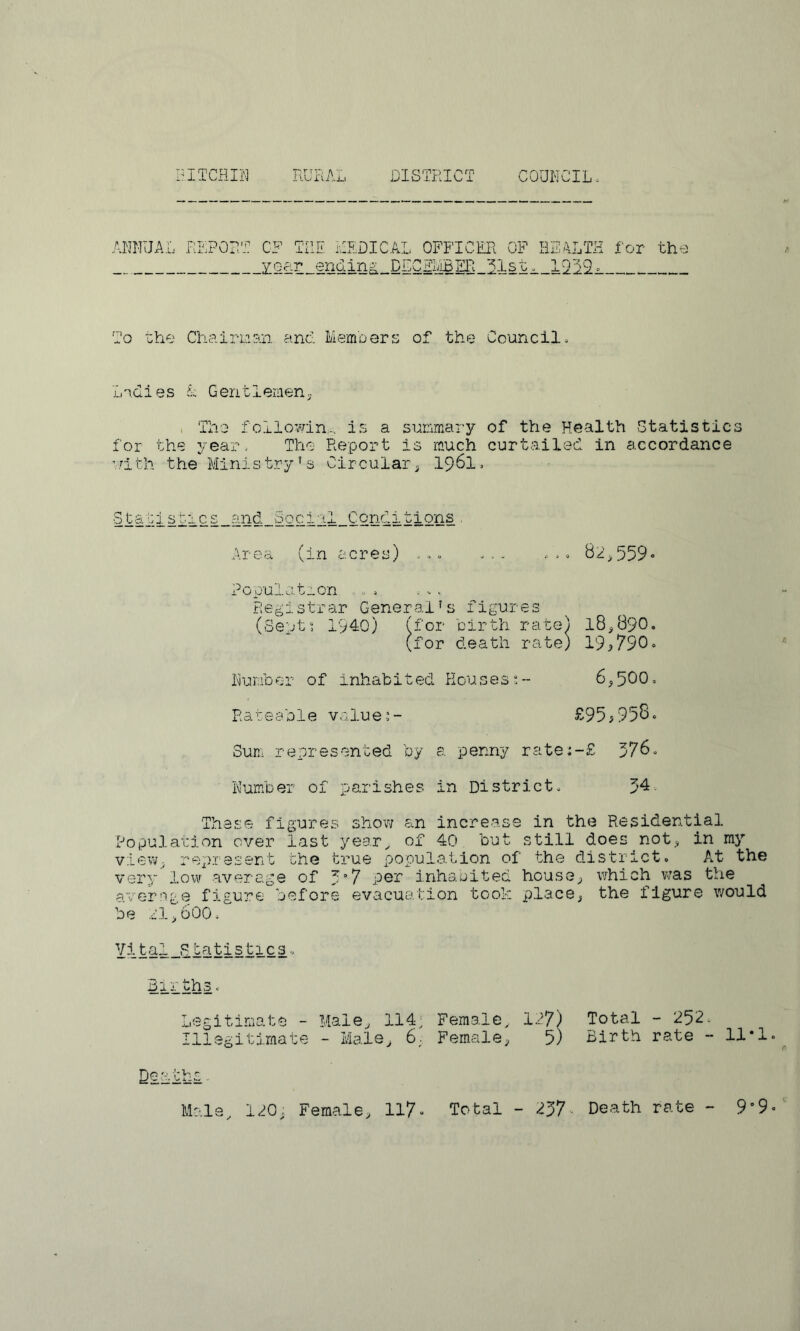 RURAL DISTRICT COUNCIL. ANNUAL RPiPORT CF THE REDICAL OFFICER OF HEALTH for the ZHLr_endin^_DECgI4BER_21st^_in;22^ 'o the Chair-Lian and Members of the Council Ladies A Gentlemen^ . The followin., is a summai'y of the Healtti Statistics for the year. The Report is much curtailed in accordance ’.ath the Ministry’s Circular^ I96I. Statlstic£_and_Social_Conditipns. Area (in acres) ..0 ... .... B2^559« Population ..0 ..> Registrar General’s figures (Septi 1940) (for birth rate) 18^890. (for death rate) 19>790. Nuraber of inhabited Houses6^500. Hareable valuer- £95>95^. Sum represented by a penny rate:-£ 576. Number of parishes in District. 5^ These figures show an increase in the Residential Popularion over last year^ of 40 but still does not;* in my view^ represent the true popula.tion of the district. At the very low average of Z°7 per inhabited house^ vrhich v/as the 3vern?e figure before evacuation took place^ the figure would be .il)'600. Yi s ti c 3.. Births. Legitimate - Male^ 114; Female^ 1P7) Total - 252- Illegitimate - Male, 6,. Female, 5) Birth rate - 11*1 Dibiiis. Mala, 120, Female, 117- Total - 257 Death rate - 9°9
