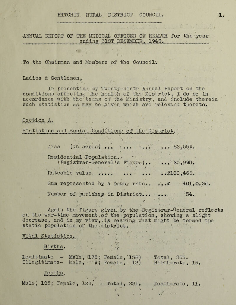 HITCHIN RURAL DISTRICT COUNCIL 1 ANNUAL REPORT OF THE MEDICAL OFFICER OF HEALTH for the year endinp; 31ST DECEMBER', 1943, ' To the Chairman and Members of the Council; Ladies & Gentlemen, , r ■ . . In presenting my Twenty “-ninth Annual Report on the conditions affecting the healrh of the Dis'crict, I.do so in. accordance v/ith the' terms cf the Ministry, and include 'therein such statistics as; may be -given which are relevant thereto. Section A._ , . ; • r St_atiGtics and Social Conditions of the District. Area (in acres) o.o  c. ? ' , *'V' c,. 8H^559. ■ ' * ' V ■ ■ ^ - Residential Population.' ‘ - , L . (Registrar-General’s FiguTe).. 30,990. Rateable value. ... ..£100,466.' Sum represented by.a penny rate^o 401.0.3d. Number of parishes in District... ... , , '34. Again the figure given.by the-'Registrar-General reflects on the war-time mp,vement,of the population, showing a sli^it decrease, and in ,my view,'i.s nearing .vyhat might be termed the static population of the .district. ■ r Vital Statistics,. . . • --■t-r-.-i-.-l , r- , r, ^ ^ Births. . ■ . • ' Legit ^te - Male, ‘175; Female,'158) , Total, 355. Illegitimate- Male, ■'9; Female, 13) Birth-rate, 16. Deaths^  L'