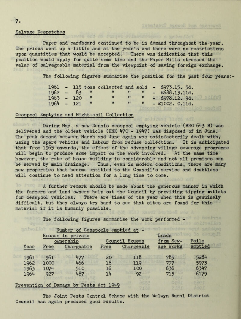 Salvage Despatches Paper and cardboard continued to be in demand throughout the year. The prices went up a little and at the year's end there were no restrictions upon quantities that would be accepted. There was indication that this position would apply for quite some time and the Paper Mills stressed the value of salvageable material from the viewpoint of saving foreign exchange. The following figures summarise the position for the past four years 1961 - 115 tons collected and sold - £973*15• 5d. 1962 - 83     - £688.13. lid. 1963 - 120     - £978.12. 9d. 1964 - 121     - £1002. O.lld. Cesspool Emptying and Night-soil Collection During May ., a new Dennis cesspool emptying vehicle (BRO 643 B) was delivered and the oldest vehicle (HNK 470 - 1947) was disposed of in June. The peak demand between March and June again was satisfactorily dealt with, using the spare vehicle and labour from refuse collection. It is anticipated that from 1965 onwards, the effect of the advancing village sewerage programme will begin to produce some impact on the work involved. At the same time however, the rate of house building is considerable and not all premises can be served by main drainage. Thus, even in modern conditions, there are many new properties that become entitled to the Council's service and doubtless will continue to need attention for a long time to come. A further remark should be made about the generous manner in which the farmers and land owners help out the Council by providing tipping ntlets for cesspool vehicles. There are times of the year when this is genuinely difficult, but they always try hard to see that sites are found for this material if it is humanly possible. The following figures summarise the work performed - Number of Cesspools emptied at Houses in private Loads ownership Council Houses from Sew- Pails Year Free Chargeable Free Chargeable age Works emptied 1961 961 477 20 118 785 5284 1962 1000 466 18 119 777 5973 1963 1C74 510 16 100 636 6347 1964 927 487 14 92 715 6179 Prevention of Damage by Pests Act 1949 The Joint Pests Control Scheme with the Welwyn Rural District Council has again produced good results.