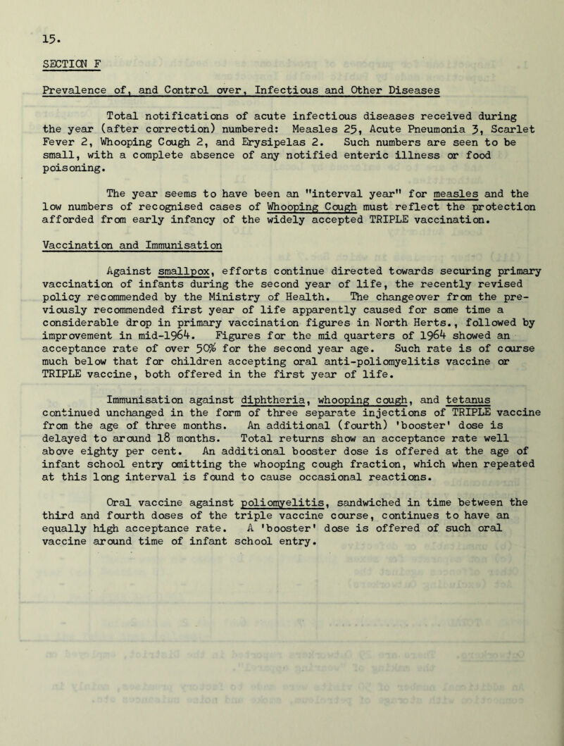 SECTION F Prevalence of, and Control over, Infectious and Other Diseases Total notifications of acute infectious diseases received during the year (after correction) numbered: Measles 25, Acute Pneumonia 3, Scarlet Fever 2, Whooping Cough 2, and Erysipelas 2. Such numbers are seen to be small, with a complete absence of any notified enteric illness or food poisoning. The year seems to have been an interval year for measles and the low numbers of recognised cases of Whooping Cough must reflect the protection afforded from early infancy of the widely accepted TRIPLE vaccination. Vaccination and Immunisation Against smallpox, efforts continue directed towards securing primary vaccination of infants during the second year of life, the recently revised policy recommended by the Ministry of Health. The changeover from the pre- viously recommended first year of life apparently caused for some time a considerable drop in primary vaccination figures in North Herts., followed by improvement in mid-1964. Figures for the mid quarters of 1964 showed an acceptance rate of over p>QP/o for the second year age. Such rate is of course much below that for children accepting oral anti-poliomyelitis vaccine or TRIPLE vaccine, both offered in the first year of life. Immunisation against diphtheria, whooping cough, and tetanus continued unchanged in the form of three separate injections of TRIPLE vaccine from the age of three months. An additional (fourth) 'booster* dose is delayed to around l8 months. Total returns show an acceptance rate well above eighty per cent. An additional booster dose is offered at the age of infant school entry omitting the whooping cough fraction, which when repeated at this long interval is found to cause occasional reactions. Oral vaccine against poliomyelitis, sandwiched in time between the third and fourth doses of the triple vaccine course, continues to have an equally high acceptance rate. A 'booster' dose is offered of such oral vaccine around time of infant school entry.
