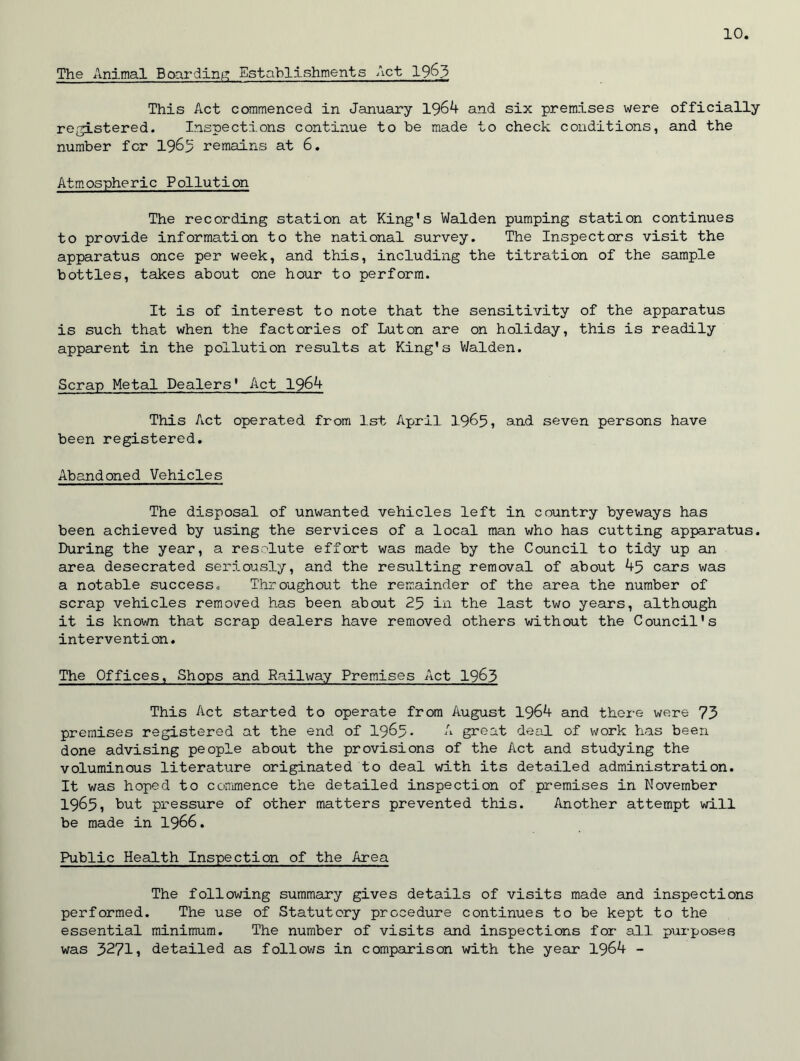 The Animal Boarding Establishments Act 19^3 This Act commenced in January 1964 and six premises were officially registered. Inspections continue to be made to check conditions, and the number fcr 1969 remains at 6. Atmospheric Pollution The recording station at King's Walden pumping station continues to provide information to the national survey. The Inspectors visit the apparatus once per week, and this, including the titration of the sample bottles, takes about one hour to perform. It is of interest to note that the sensitivity of the apparatus is such that when the factories of Luton are on holiday, this is readily apparent in the pollution results at King's Walden. Scrap Metal Dealers' Act 1964 This Act operated from 1st April 1965, and seven persons have been registered. Abandoned Vehicles The disposal of unwanted vehicles left in country byeways has been achieved by using the services of a local man who has cutting apparatus. During the year, a resolute effort was made by the Council to tidy up an area desecrated seriously, and the resulting removal of about 45 cars was a notable success. Throughout the remainder of the area the number of scrap vehicles removed has been about 25 in the last two years, although it is known that scrap dealers have removed others without the Council's intervention. The Offices, Shops and Railway Premises Act 1963 This Act started to operate from August 1964 and there were 73 premises registered at the end of 1965- A great deal of work has been done advising people about the provisions of the Act and studying the voluminous literature originated to deal with its detailed administration. It was hoped to commence the detailed inspection of premises in November 1965, hut pressure of other matters prevented this. Another attempt will be made in 1966. Public Health Inspection of the Area The following summary gives details of visits made and inspections performed. The use of Statutory procedure continues to be kept to the essential minimum. The number of visits and inspections for all purposes was 3271, detailed as follows in comparison with the year 1964 -