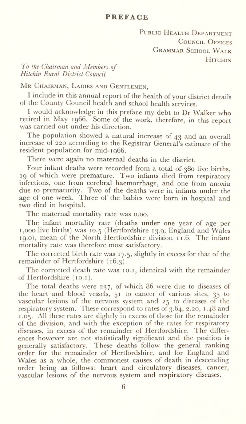 PREFACE Public Health Department Council Offices Grammar School Walk Hitchin To the Chairman and Members of Hitchin Rural District Council Mr Chairman, Ladies and Gentlemen, I include in this annual report of the health of your district details of the County Council health and school health services. I would acknowledge in this preface my debt to Dr Walker who retired in May 1966. Some of the work, therefore, in this report was carried out under his direction. The population showed a natural increase of 43 and an overall increase of 220 according to the Registrar General’s estimate of the resident population for mid-1966. There were again no maternal deaths in the district. Four infant deaths were recorded from a total of 380 live births, 19 of which were premature. Two infants died from respiratory infections, one from cerebral haemorrhage, and one from anoxia due to prematurity. Two of the deaths were in infants under the age of one week. Three of the babies were born in hospital and two died in hospital. The maternal mortality rate was 0.00. The infant mortality rate (deaths under one year of age per 1,000 live births) was 10.5 (Hertfordshire 13.9, England and Wales 19.0), mean of the North Hertfordshire division 11.6. The infant mortality rate was therefore most satisfactory. The corrected birth rate was 17.5, slightly in excess for that of the remainder of Hertfordshire (16.3). The corrected death rate was 10.1, identical with the remainder of Hertfordshire (1 o. 1). The total deaths were 237, of which 86 were due to diseases of the heart and blood vessels, 51 to cancer of various sites, 35 to vascular lesions of the nervous system and 25 to diseases of the respiratory system. These correspond to rates of 3.64, 2.20, 1.48 and 1.05. All these rates are slightly in excess of those for the remainder of the division, and with the exception of the rates for respiratory diseases, in excess of the remainder of Hertfordshire. The differ- ences however are not statistically significant and the position is generally satisfactory. These deaths follow the general ranking order for the remainder of Hertfordshire, and for England and Wales as a whole, the commonest causes of death in descending order being as follows: heart and circulatory diseases, cancer, vascular lesions of the nervous system and respiratory diseases.