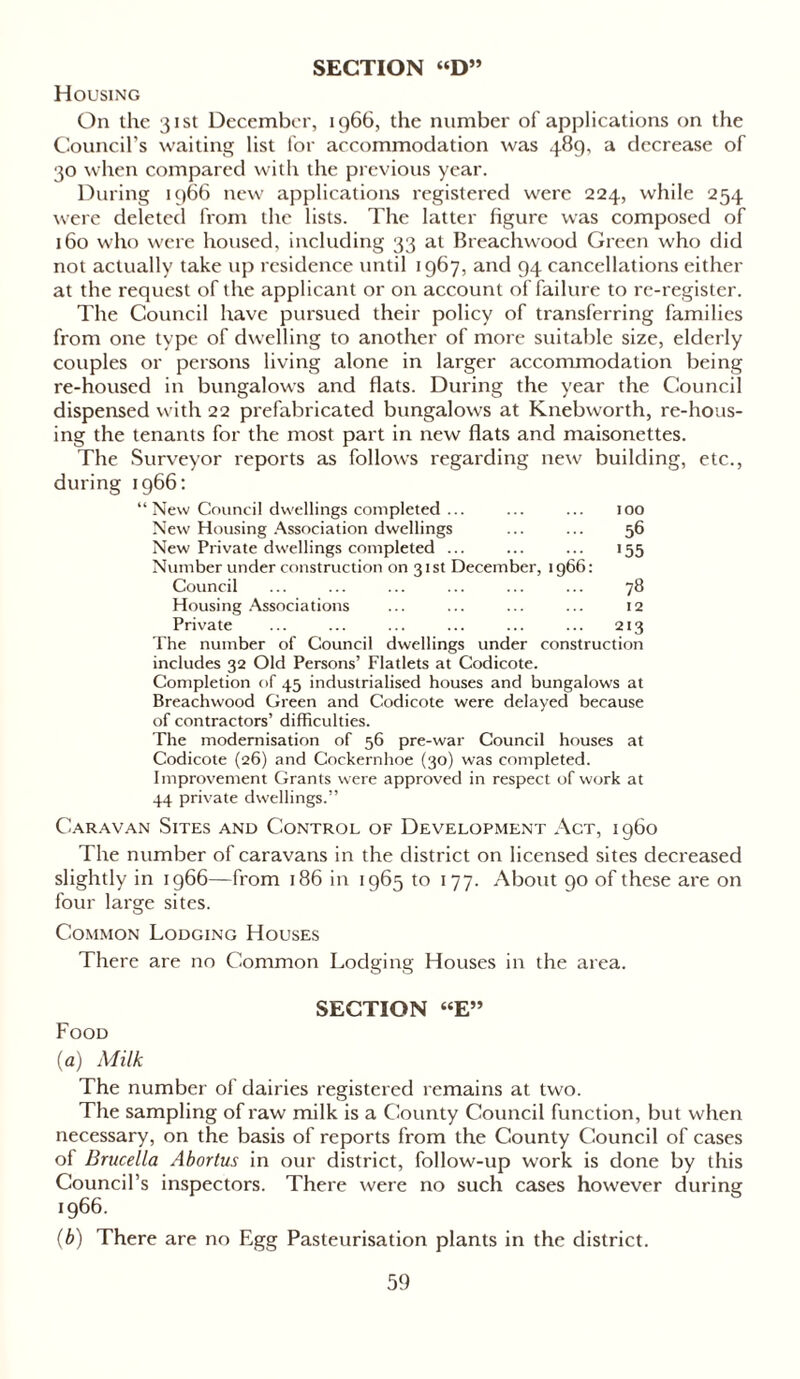 SECTION “D” Housing On the 31st December, 1966, the number of applications on the Council's waiting list for accommodation was 489, a decrease of 30 when compared with the previous year. During 1966 new applications registered were 224, while 254 were deleted from the lists. The latter figure was composed of 160 who were housed, including 33 at Breachwood Green who did not actually take up residence until 1967, and 94 cancellations either at the request of the applicant or on account of failure to re-register. The Council have pursued their policy of transferring families from one type of dwelling to another of more suitable size, elderly couples or persons living alone in larger accommodation being re-housed in bungalows and flats. During the year the Council dispensed with 22 prefabricated bungalows at Knebworth, re-hous- ing the tenants for the most part in new flats and maisonettes. The Surveyor reports as follows regarding new building, etc., during 1966: “ New Council dwellings completed ... ... ... 100 New Housing Association dwellings ... ... 56 New Private dwellings completed ... ... ... 155 Number under construction on 31st December, 1966: Council ... ... ... ... ... ... 78 Housing Associations ... ... ... ... 12 Private ... ... ... ... ... ... 213 The number of Council dwellings under construction includes 32 Old Persons’ Flatlets at Codicote. Completion of 45 industrialised houses and bungalows at Breachwood Green and Codicote were delayed because of contractors’ difficulties. The modernisation of 56 pre-war Council houses at Codicote (26) and Cockernhoe (30) was completed. Improvement Grants were approved in respect of work at 44 private dwellings.” Caravan Sites and Control of Development Act, i 960 The number of caravans in the district on licensed sites decreased slightly in 1966—from 186 in 1965 to 177. About 90 of these are on four large sites. Common Lodging Houses There are no Common Lodging Houses in the area. SECTION “E” Food (a) Milk The number of dairies registered remains at two. The sampling of raw milk is a County Council function, but when necessary, on the basis of reports from the County Council of cases of Brucella Abortus in our district, follow-up work is done by this Council’s inspectors. There were no such cases however during 1966. (b) There are no Egg Pasteurisation plants in the district.