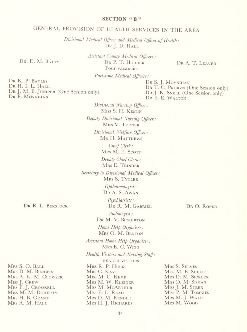 SECTION “ B ” GENERAL PROVISION OF HEALTH SERVICES IN THE AREA Divisional Medical Officer and Medical Officer of Health: Dr J. D. Hall Dr. D. M. Batty Assistant County Medical Officers: Dr P. T. Horder Dr A. T. Leaver Four vacancies Dr K. P. Bayles Dr H. I. L. Hall DrJ. M. B. Juniper (O Dr F. Moynihan Part-time Medical Officers: Dr S. J. Moynihan Dr T. C. Probyn (One Session only) ne Session only) Dr J. K. Snell (One Session only) Dr E. E. Walton Divisional Nursing Officer: Miss S. FI. Kestin Deputy Divisional Nursing Officer: Miss V. Turner Divisional Welfare Officer: Mr H. Matthews Chief Clerk: Mrs M. E. Scott Dr R. L. Berstock Mrs S. O. Ball Mrs D. M. Burgess Mrs A. K. M. Clowser MissJ. Crew Mrs P. J. Crosskell Miss M. M. Doherty Mrs H. B. Grant Mrs A. M. Hall Deputy Chief Clerk : Mrs E. Trinder Secretary to Divisional Medical Officer: Mrs S. Tytler Opthalmologist : Dr A. S. Aw an Psychiatrists: Dr R. M. Gabriel Dr O. Roper Audiologist: Dr M. V. Bickerton Home Help Organiser: Mrs O. M. Benton Assistant Home Help Organiser: Mrs E. C. Wigg Health Visitors and Nursing Staff HEALTH VISITORS Miss R. P. Hulks Mrs C. Kay Miss M. C. Kemp Mrs M. W. Kleiner Miss M. McArthur Miss E. L. Read Mrs D. M. Rendle Mrs IT J. Richards Mrs S. Selves Miss M. E. Shells Mrs D. M. Sickler Miss I). M. Sisman MissJ. M. Steer Miss P. M. Tomkies Mrs M. J. Wall Mrs M. Wood