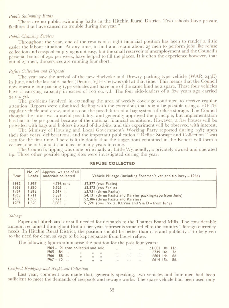 Public Swimming Baths There are no public swimming baths in the Hitchin Rural District. Two schools have private facilities that have caused no trouble during the year.” Public Cleansing Services Throughout the year, one of the results of a tight financial position has been to render a little easier the labour situation. At any time, to find and retain about 25 men to perform jobs like refuse collection and cesspool emptying is not easy, but the small reservoir of unemployment and the Council’s personal bonus of 25s. per week, have helped to fill the places. It is often the experience however, that out of 25 men, the services are running four short. Refuse Collection and Disposal The year saw the arrival of the new Shelvoke and Drewry packing-type vehicle (WAR 243E) in June, and the last side-loader (Dennis, VJ11 202)was sold at that time. This means that the Council now operate four packing-type vehicles and have one of the same kind as a spare. These four vehicles have a carrying capacity in excess of 100 cu. yd. The four side-loaders of a few years ago carried 34 cu. yd. The problems involved in extending the area of weekly coverage continued to receive regular attention. Reports were submitted dealing with the extensions that might be possible using a FIFTH regular vehicle and crew, and also on the possibilities of a bag system of refuse storage. The Council thought the latter was a useful possibility, and generally approved the principle, but implementation has had to be postponed because of the national financial conditions. However, a few houses will be provided with bags and holders instead of dustbins, and this experiment will be observed with interest. The Ministry of Housing and Local Government’s Working Party reported during 1967 upon their four years’ deliberations, and the important publication “ Refuse Storage and Collection ” was seen for the first time. There is little doubt that the suggestions contained in the Report will form a cornerstone of Council's actions for many years to come. The Council’s tipping was done principally at Little Wymondly, a privately owned and operated tip. Three other possible tipping sites were investigated during the year. REFUSE COLLECTED Year No. of Loads Approx, weight of all materials collected Vehicle Mileage (including Foreman’s van and tip lorry - 1964) 1962 1,957 4,796 tons 52,877 (two Paxits) 1963 1,890 5,526 „ 53,373 (two Paxits) 1964 1,813 6,617 „ 53,931 (three Paxits) 1965 1,71 1 6,381 „ 54,131 (three Paxits and Karrier packing-type from June) 1966 1,689 6,721 „ 52,386 (three Paxits and Karrier) 1967 1,690 6,885 „ 51,591 (two Paxits, Karrier and S & D - from June) Salvage Paper and fibreboard are still needed for despatch to the Thames Board Mills. The considerable amount reclaimed throughout Britain per year represents some relief to the country’s foreign currency needs. In Hitchin Rural District, the position should be better than it is and publicity is to be given to the need for clean salvage to be kept separate from house refuse. The following figures summarise the position for the past four years: 1964- 121 tons collected and sold 1965 - 84 „ „ „ „ 1966- 88 1967- 70 „ „ „ „ £1,002 Os. lid. £749 16s. 3d. £804 14s. 6d. £614 15s. 8d. Cesspool Emptying and Night-soil Collection Last year, comment was made that, generally speaking, two vehicles and four men had been sufficient to meet the demands of cesspools and sewage works. The spare vehicle had been used only